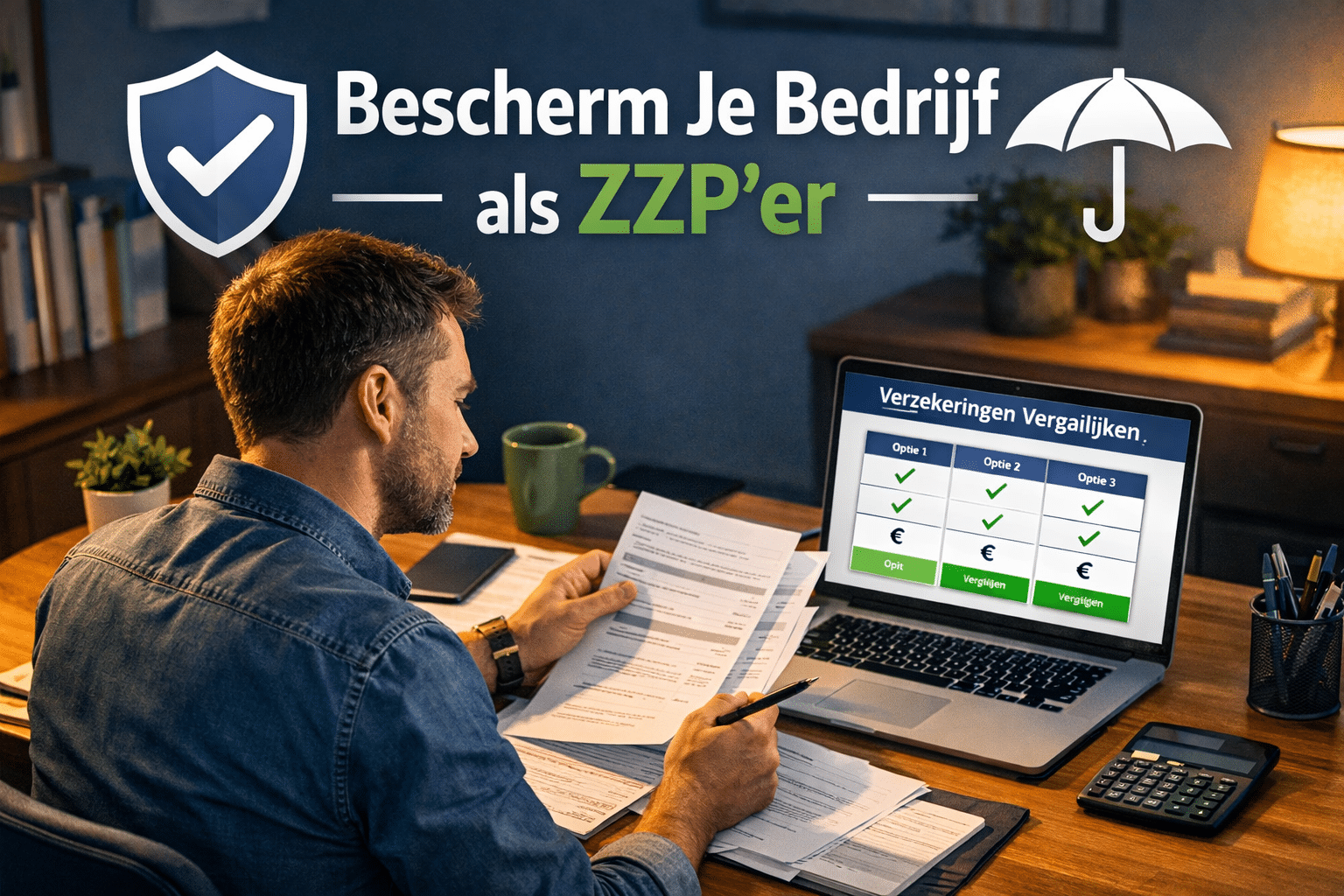 Detailed () showing a Dutch freelancer at a modern desk reviewing documents with a shield icon and umbrella graphic