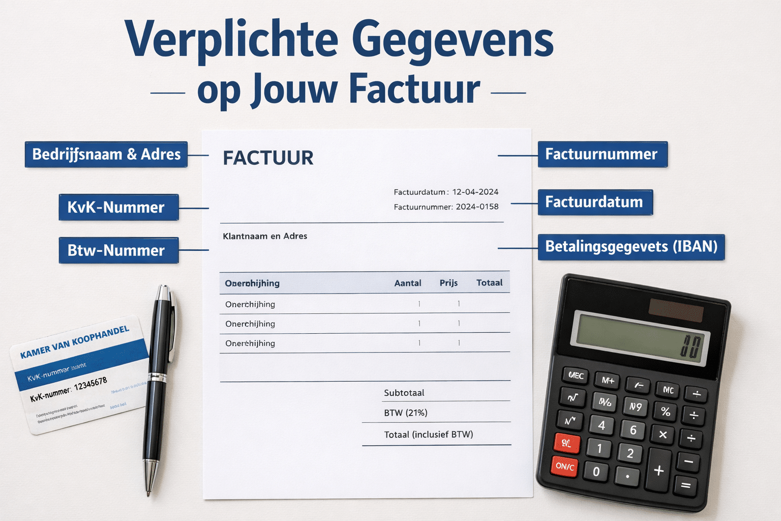 Detailed () showing a close-up flat-lay of a professional Dutch invoice document on a white desk with a pen, KVK