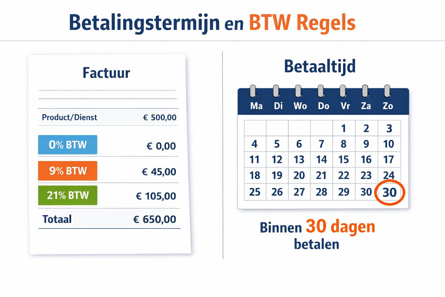 Detailed () showing a split-screen infographic style image: left side displays a simple invoice with VAT rates 0%, 9%, 21%