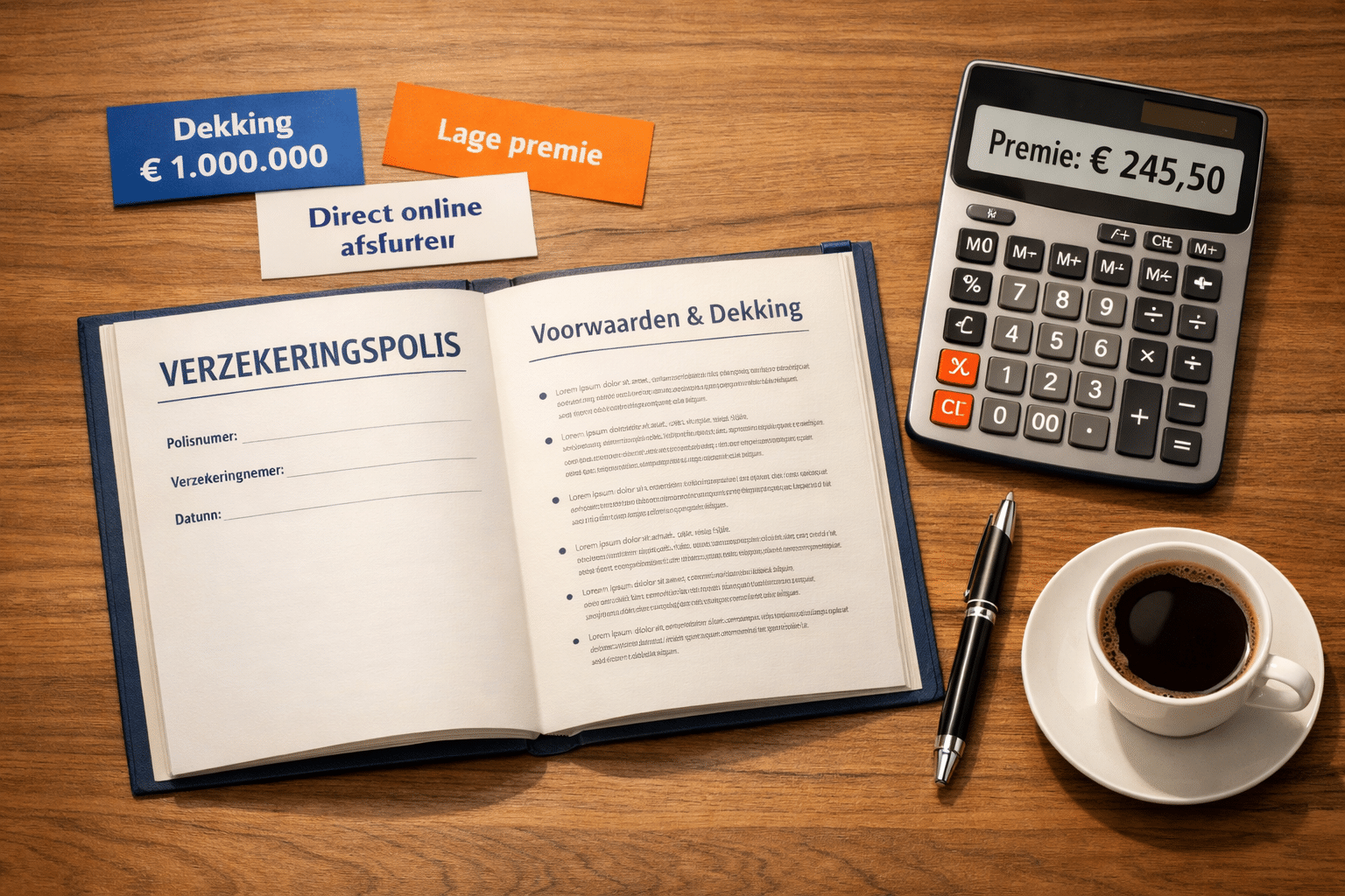 Landschap formaat () bovenaanzicht van een houten bureau met een opengeslagen verzekeringspolis, een rekenmachine met