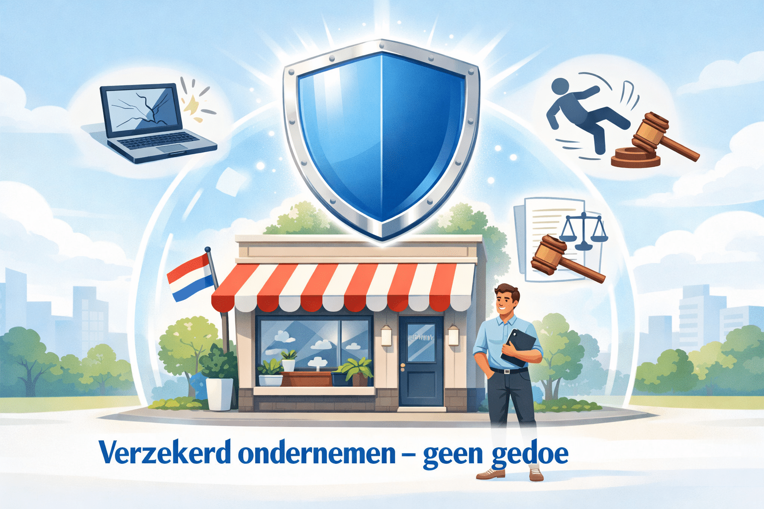 Landschap formaat () conceptuele illustratie van een beschermend schild boven een klein Nederlands bedrijfspand met een