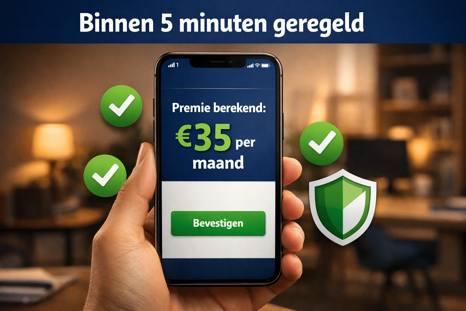 Landschapsformaat () afbeelding van een smartphone met een verzekerings-app open waarop 'Premie berekend: €35 per maand'