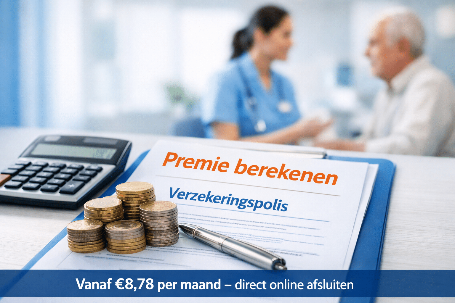 Landschapsformaat () beeld van een calculator en munten op een bureau naast een verzekeringspolisdocument met het label