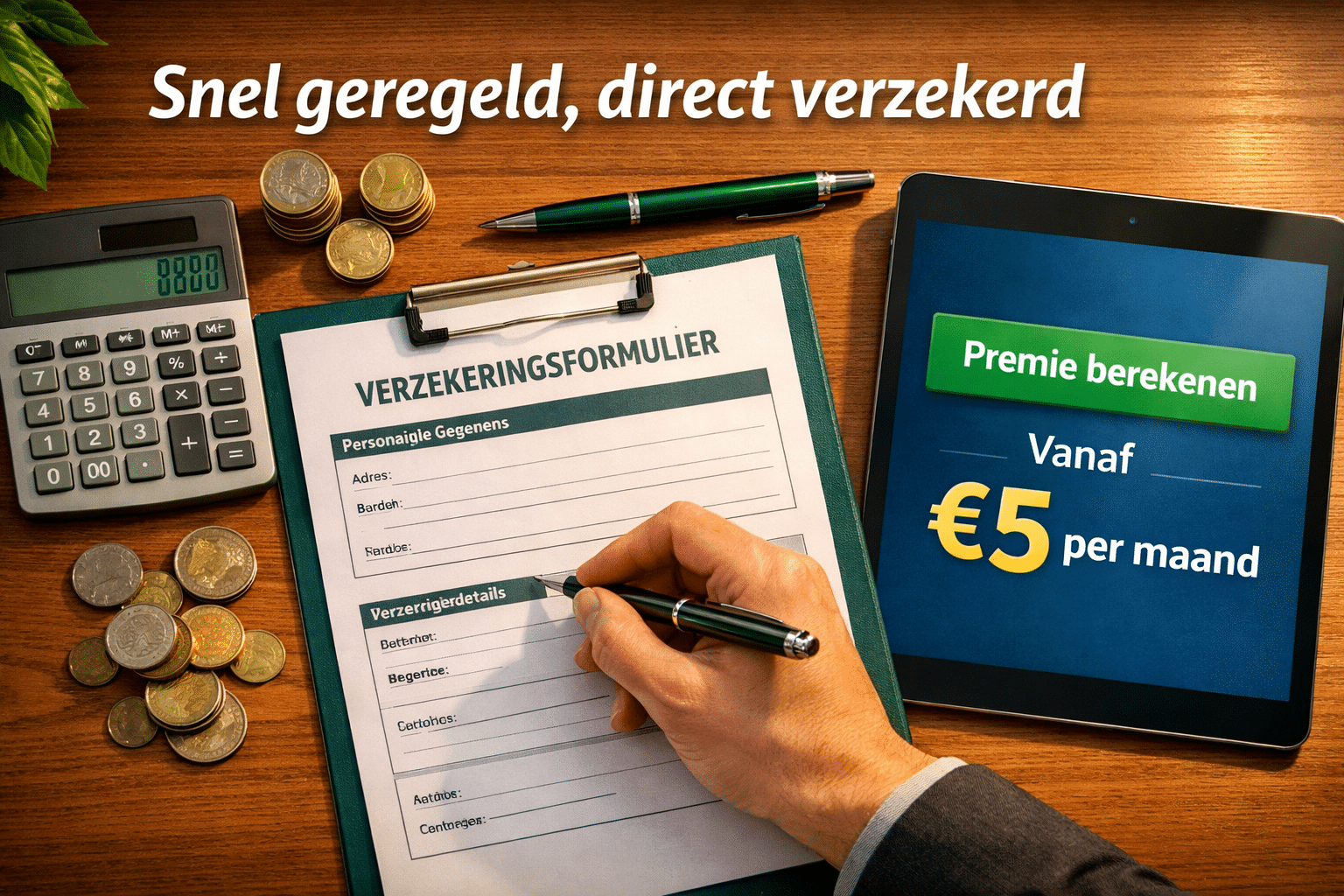 Landschapsformaat () bovenaanzicht van een bureau met een verzekeringsformulier, rekenmachine, munten en een pen. Een hand