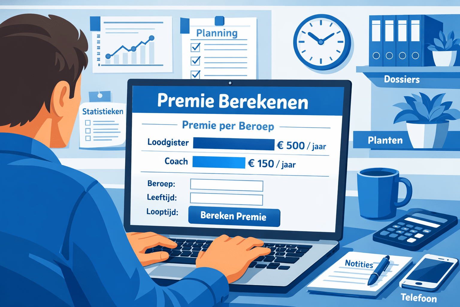 Landschapsformaat () illustratie van een Nederlandse zzp'er die op een laptop een premieberekening invult, met op het scherm