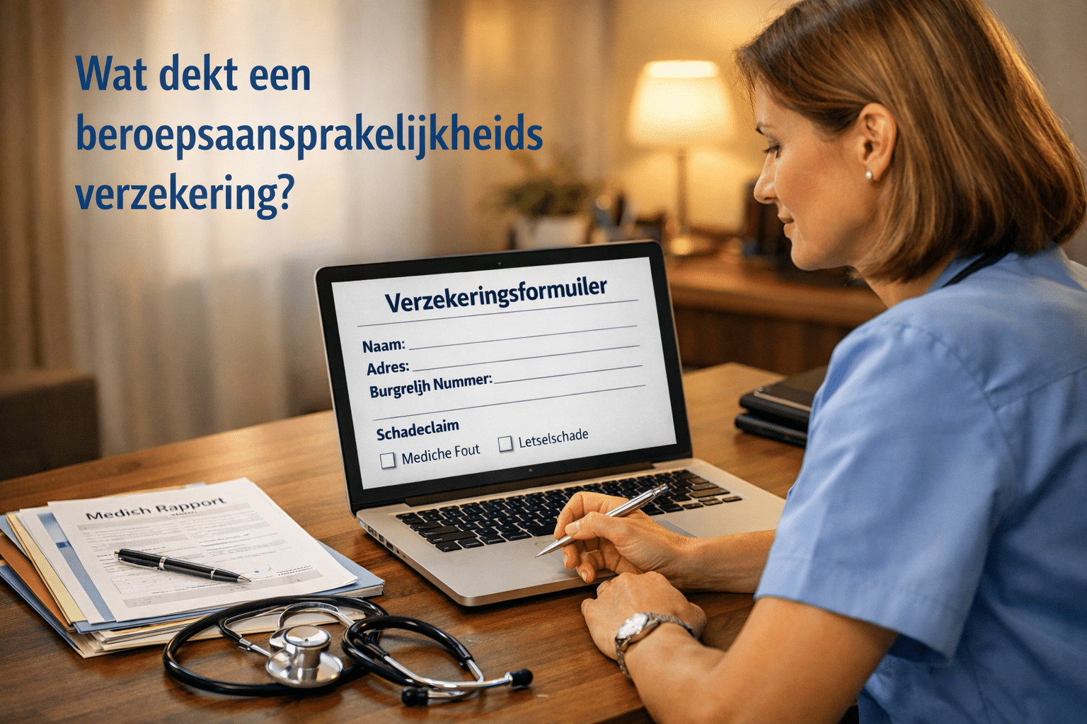 Landschapsformaat () illustratie van een ZZP-verpleegkundige aan een bureau met een open laptop waarop een