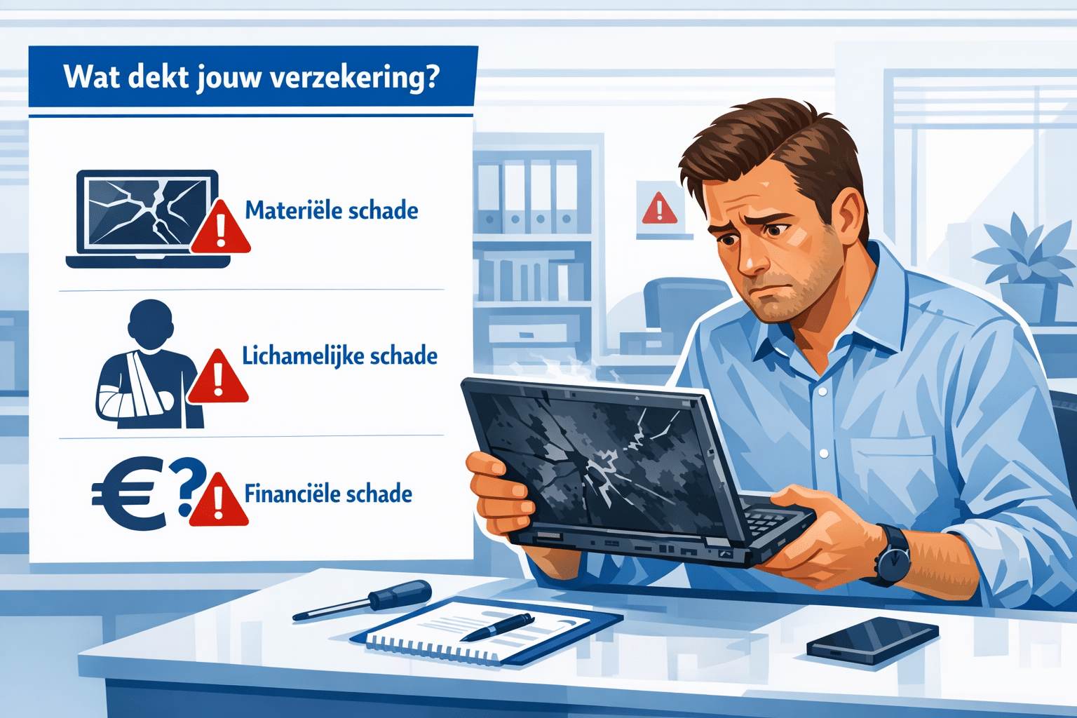 Landschapsformaat () illustratie van een eenmanszaak eigenaar die een beschadigde laptop van een klant bekijkt, bezorgde
