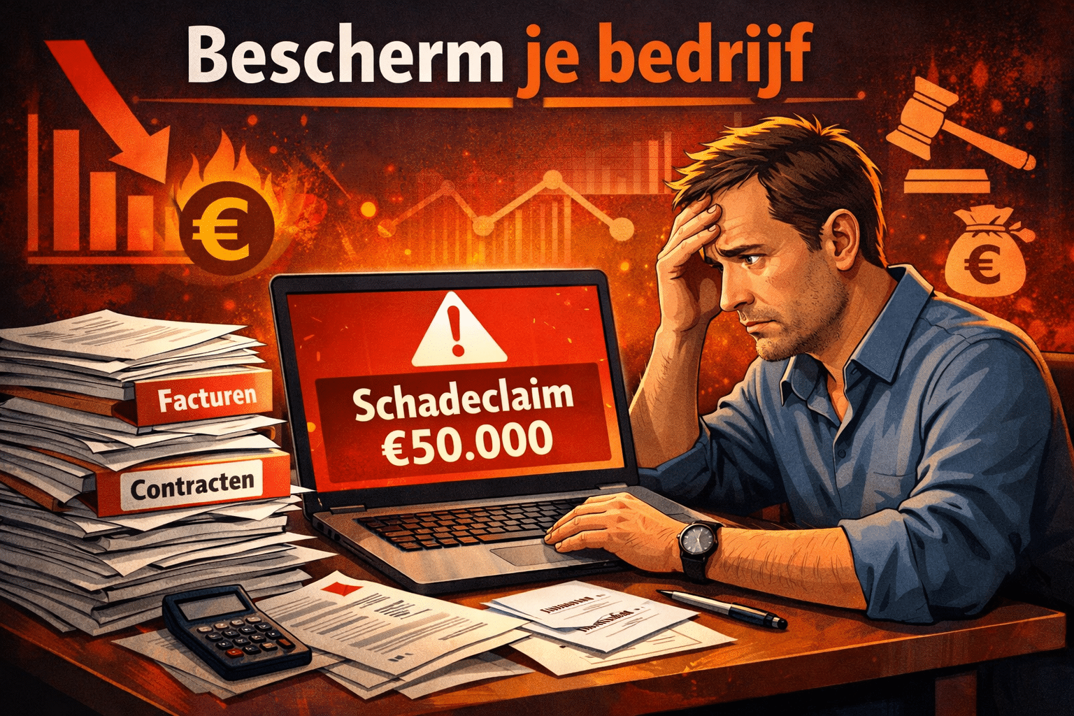 Landschapsformaat () illustratie van een zelfstandige zzp'er die een schadeclaim ontvangt op zijn laptop, met een grote rode