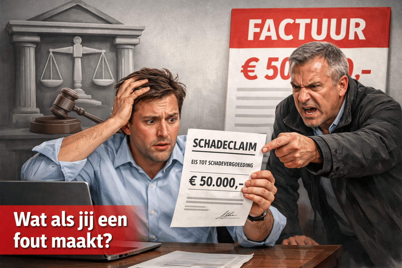 Landschapsformaat () illustratie van een zzp'er die een schadeclaim document ontvangt van een boze klant, met op de