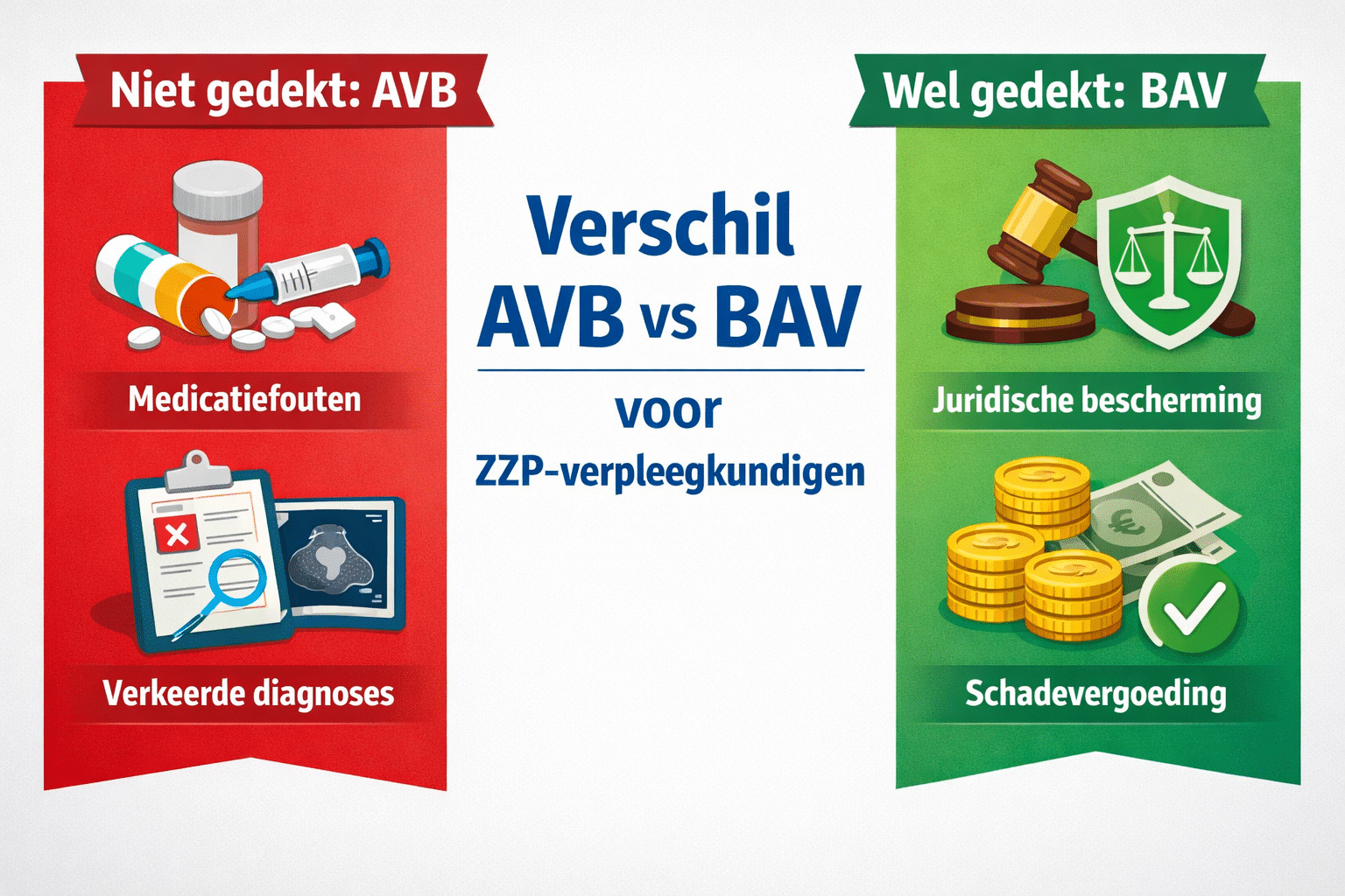 Landschapsformaat () infographic-stijl beeld met twee kolommen: links een rode kolom met het label 'Niet gedekt: AVB' en