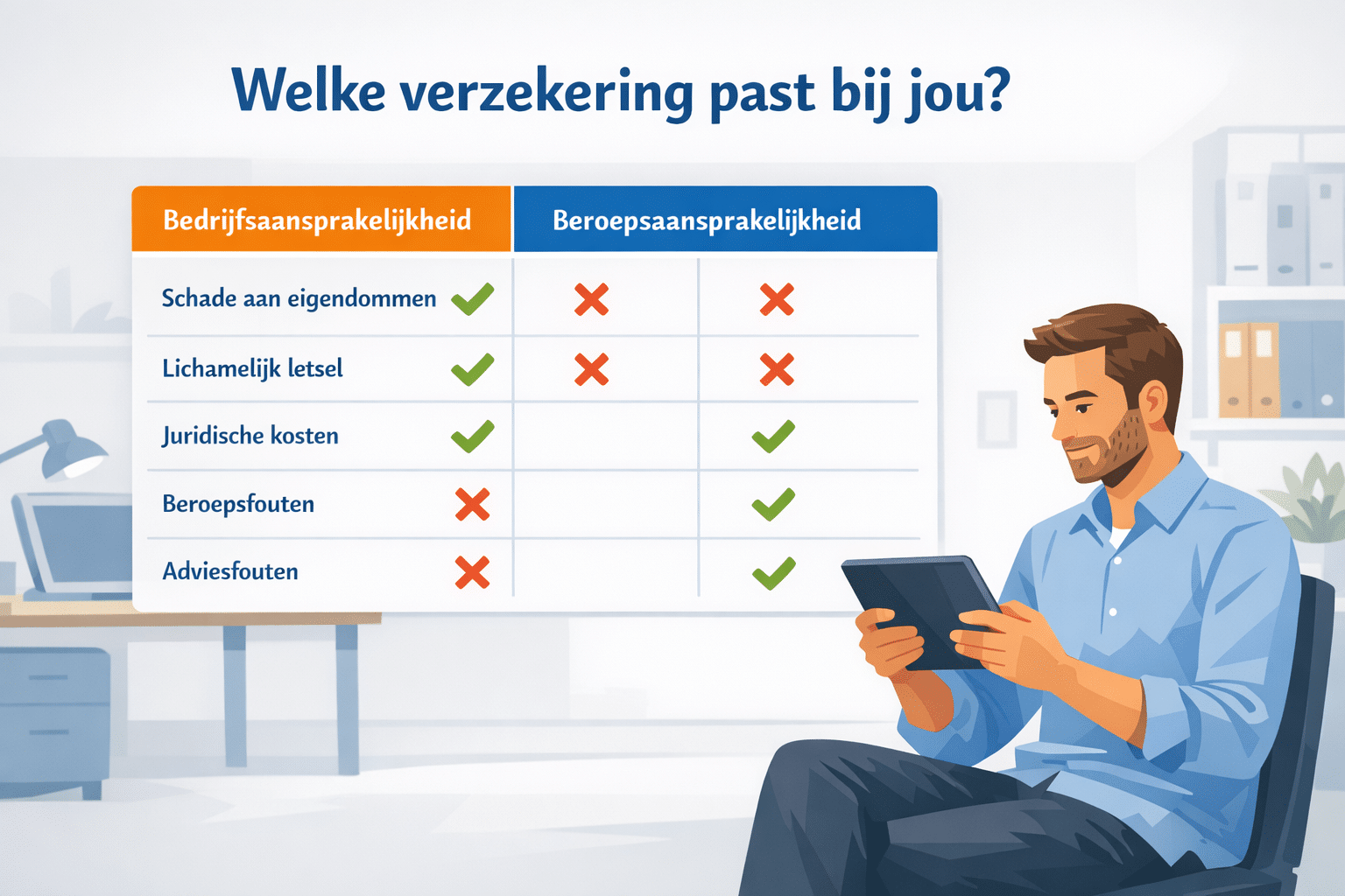 Landschapsformaat () vergelijkingstabel als visueel element: twee kolommen met 'Bedrijfsaansprakelijkheid' versus