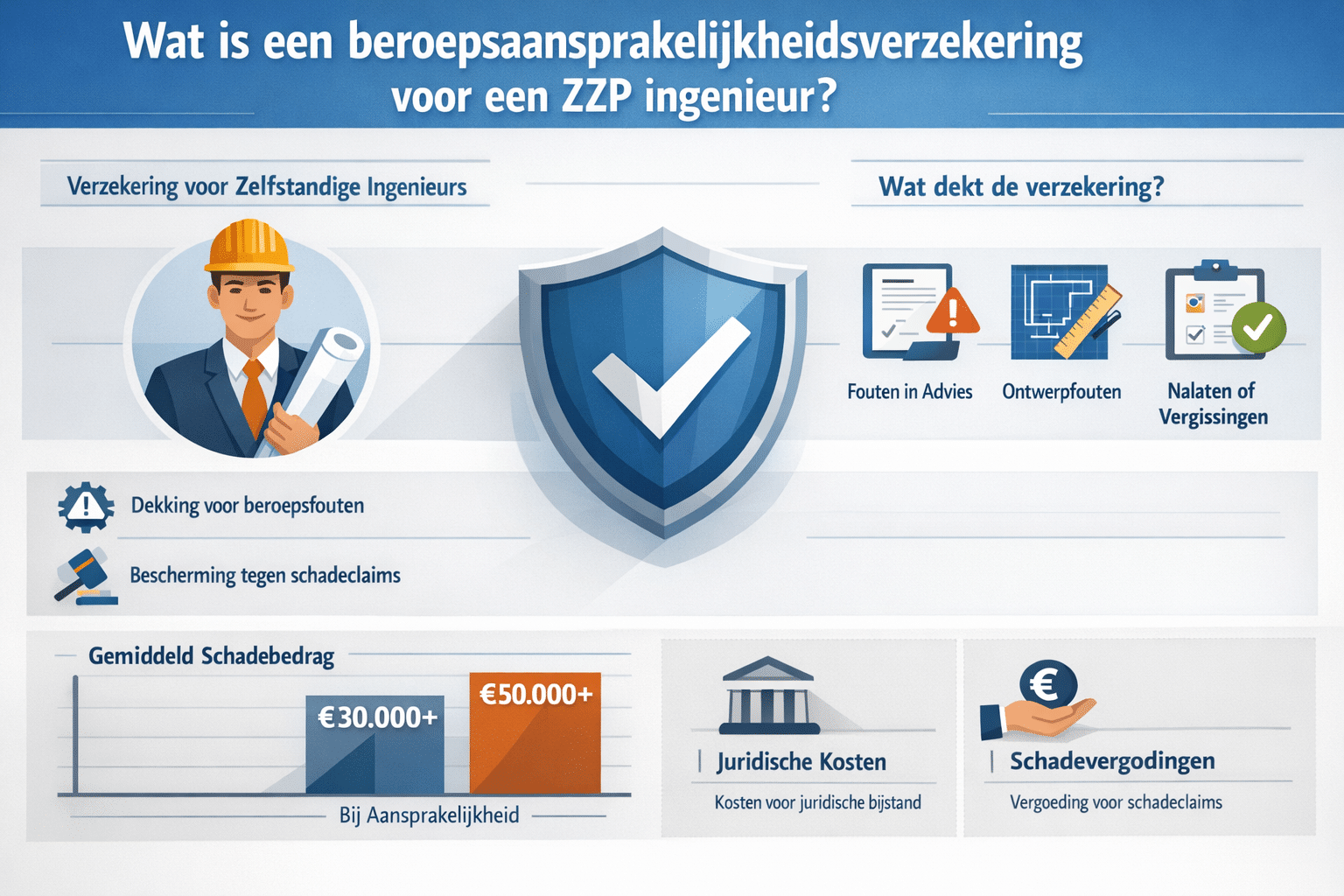 Professional infographic for article "Beroepsaansprakelijkheidsverzekering ZZP Ingenieur: Alles wat je moet weten in 2026",