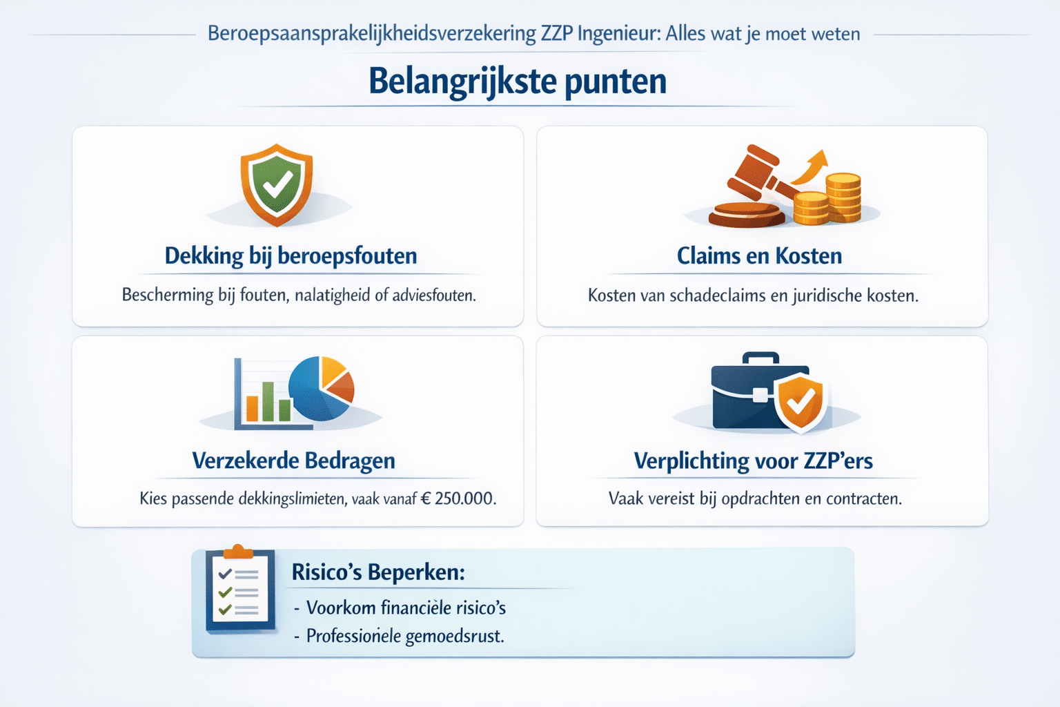 Professional infographic for article "Beroepsaansprakelijkheidsverzekering ZZP Ingenieur: Alles wat je moet weten in 2026",