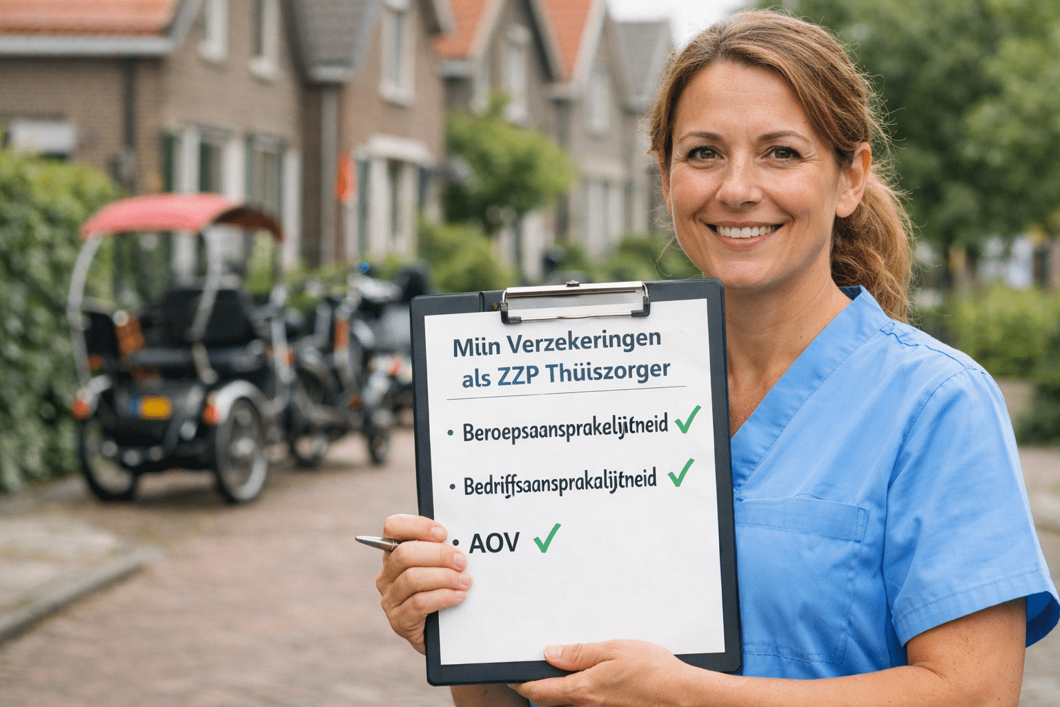 () checklist-style visual showing a Dutch ZZP caregiver holding a clipboard with a visible checklist titled 'Mijn