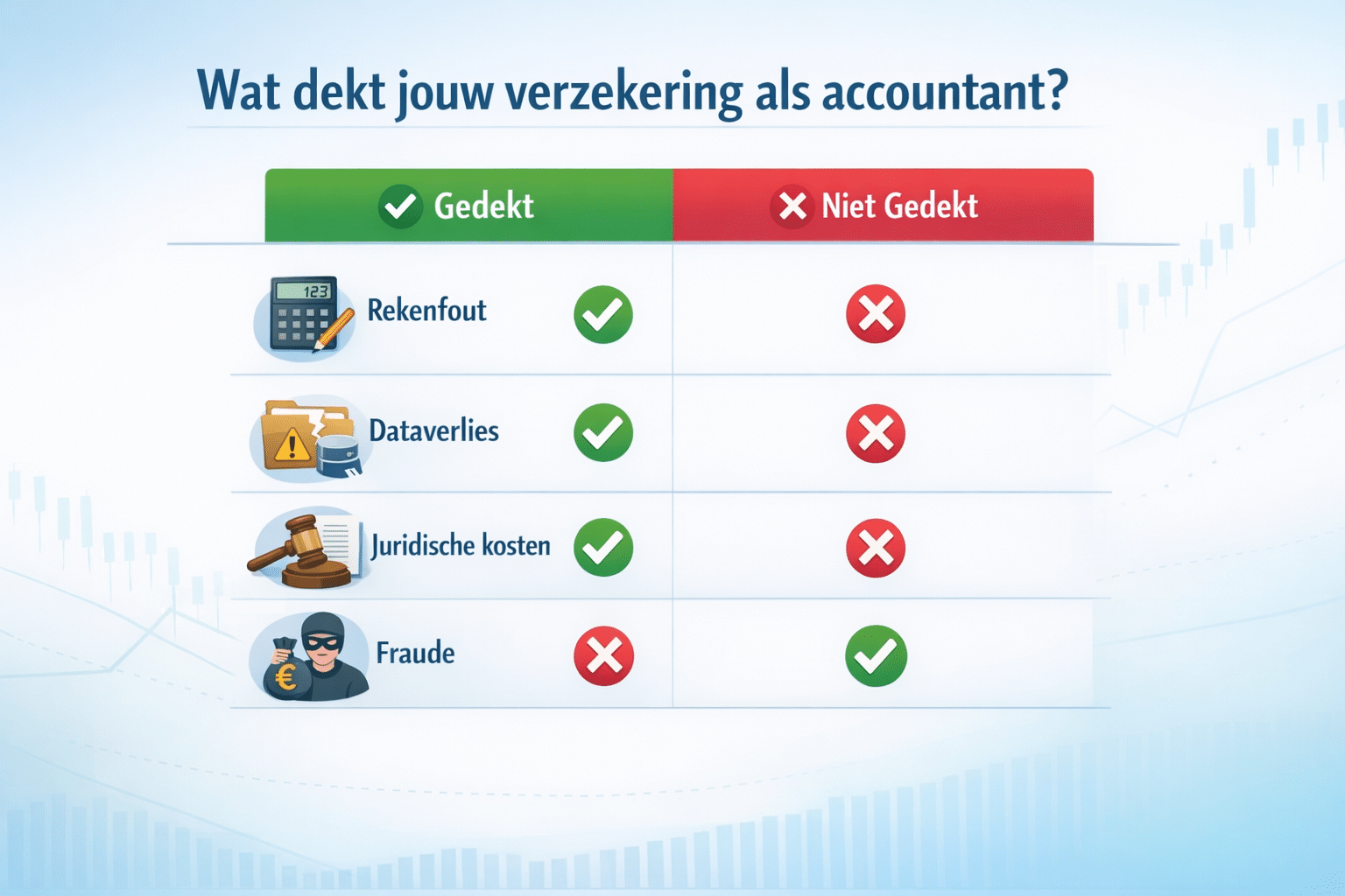 () clean infographic-style image showing a Dutch insurance coverage breakdown table with columns labeled 'Gedekt' and 'Niet