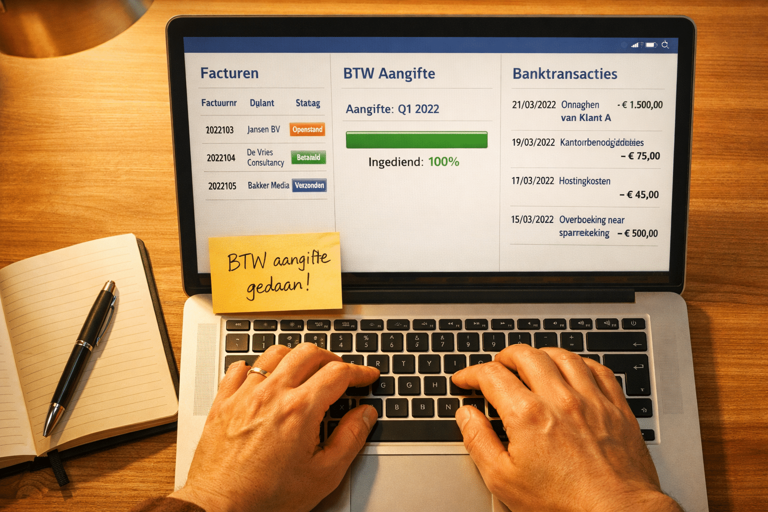 () close-up scene of a Dutch freelancer's hands typing on a laptop with a visible bookkeeping software interface showing