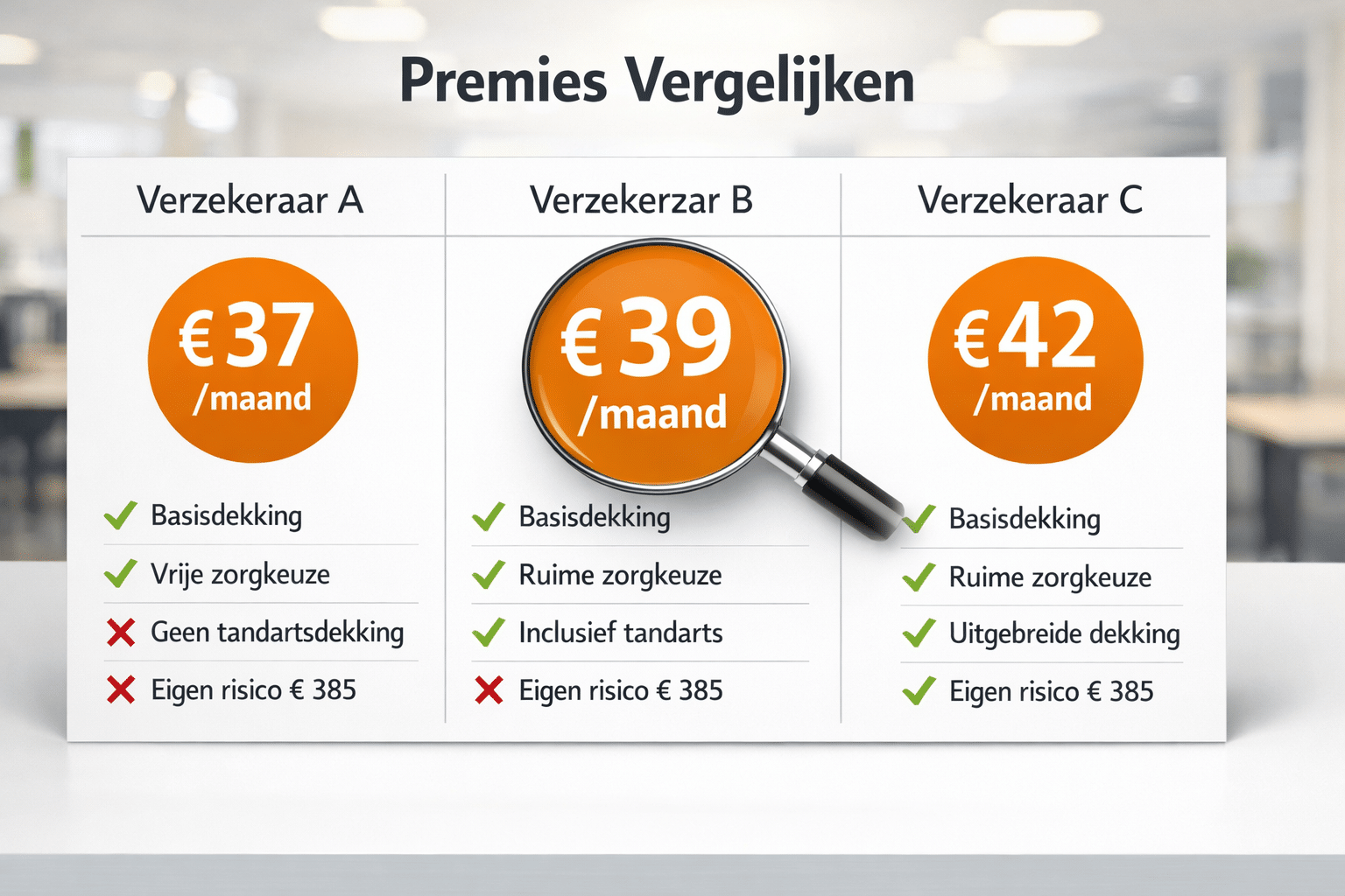 () comparison table visual showing three Dutch insurance providers with monthly premium amounts (&euro;37, &euro;39, &euro;42) displayed as