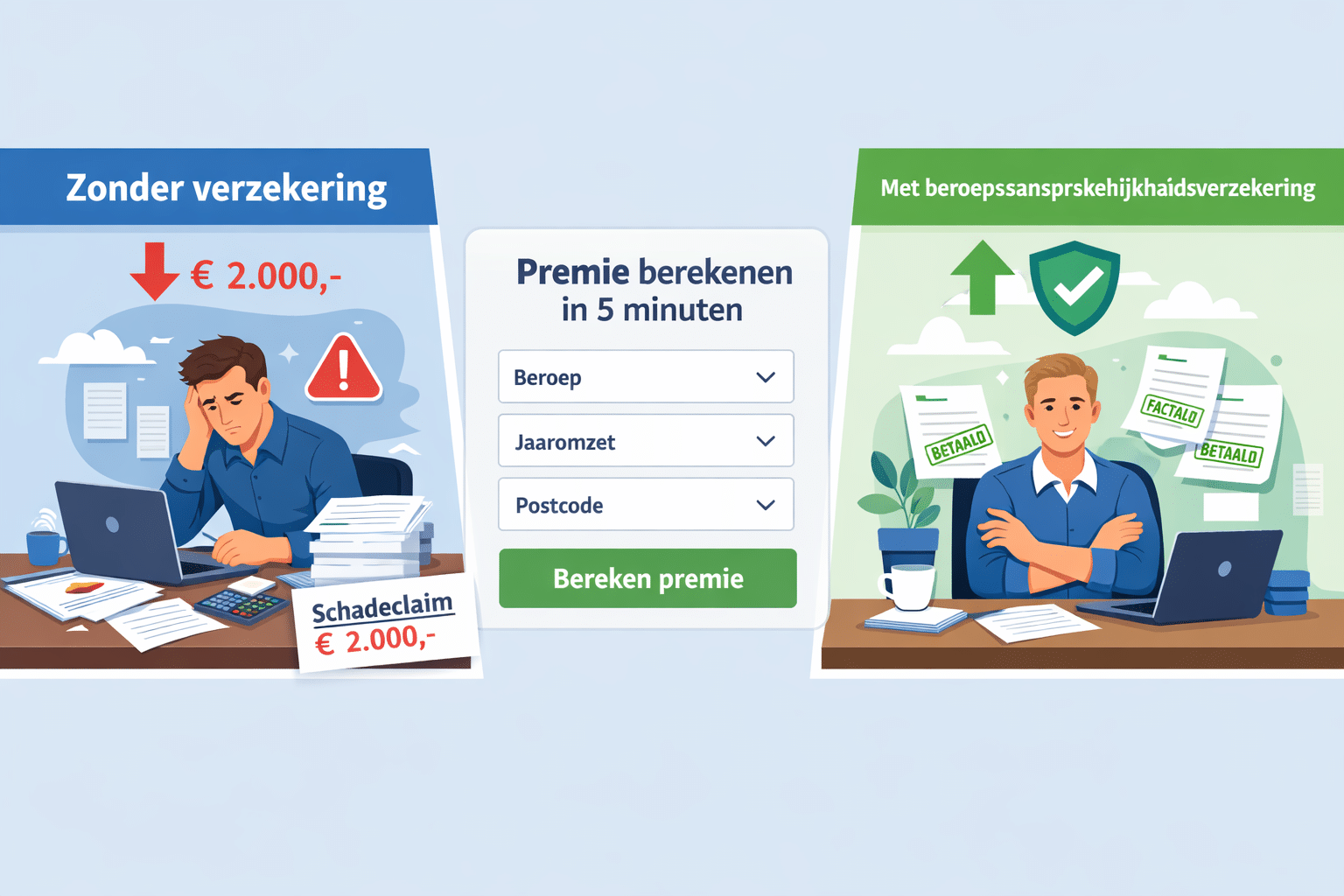 () comparison visual showing two Dutch freelance accountants side by side: left figure labeled 'Zonder verzekering' with a