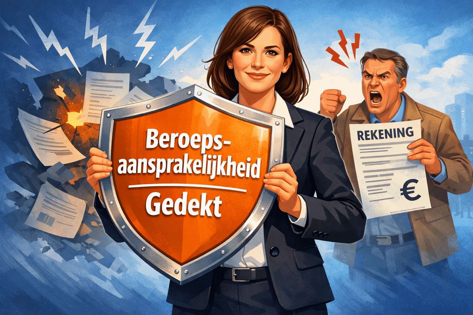 () conceptuele illustratie van een Nederlandse zzp'er (freelance consultant, man of vrouw, zakelijke kleding) die een schild