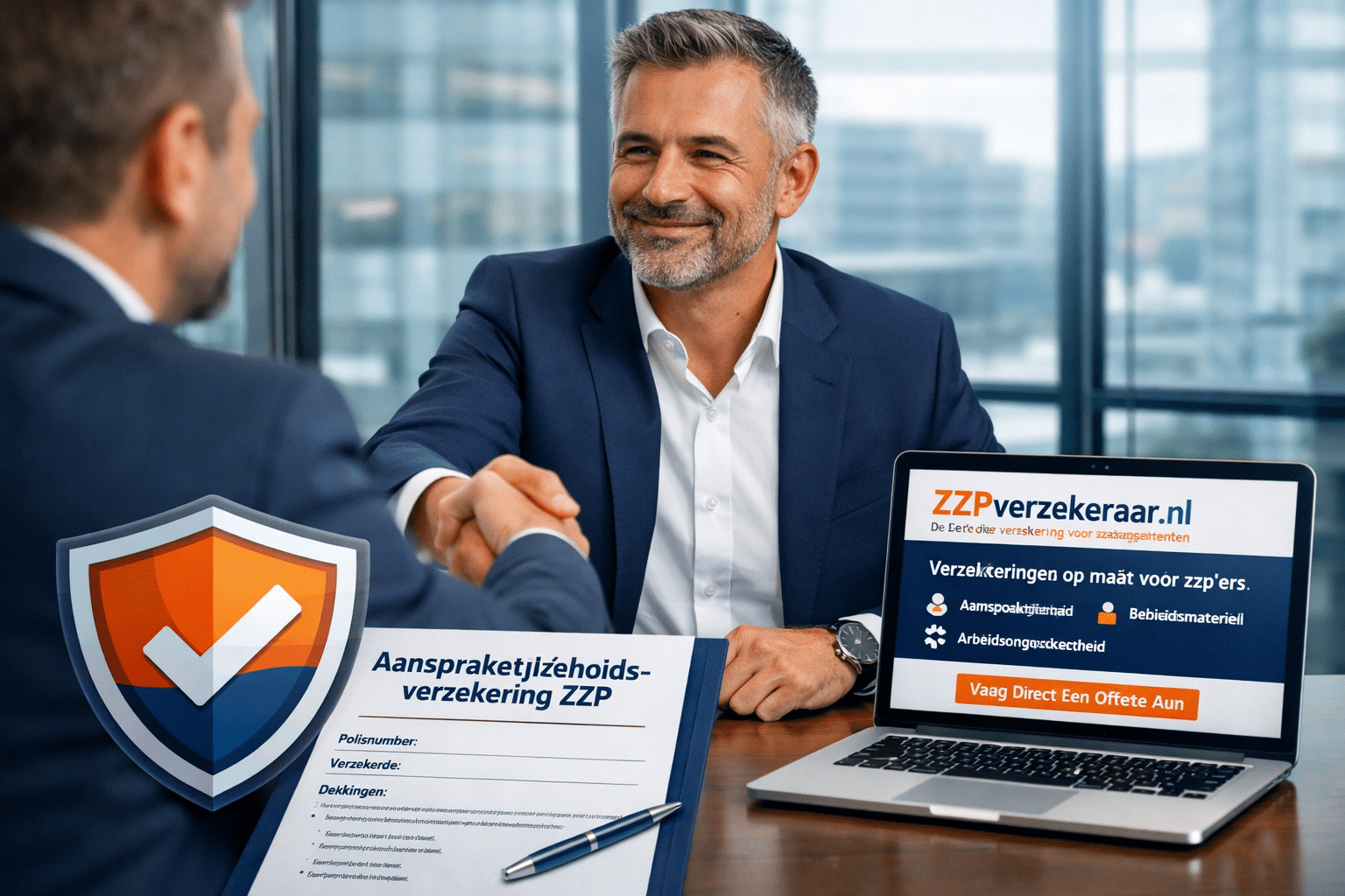 () depicting a confident Dutch zelfstandige ondernemer shaking hands with a client in a modern glass-walled office, with a