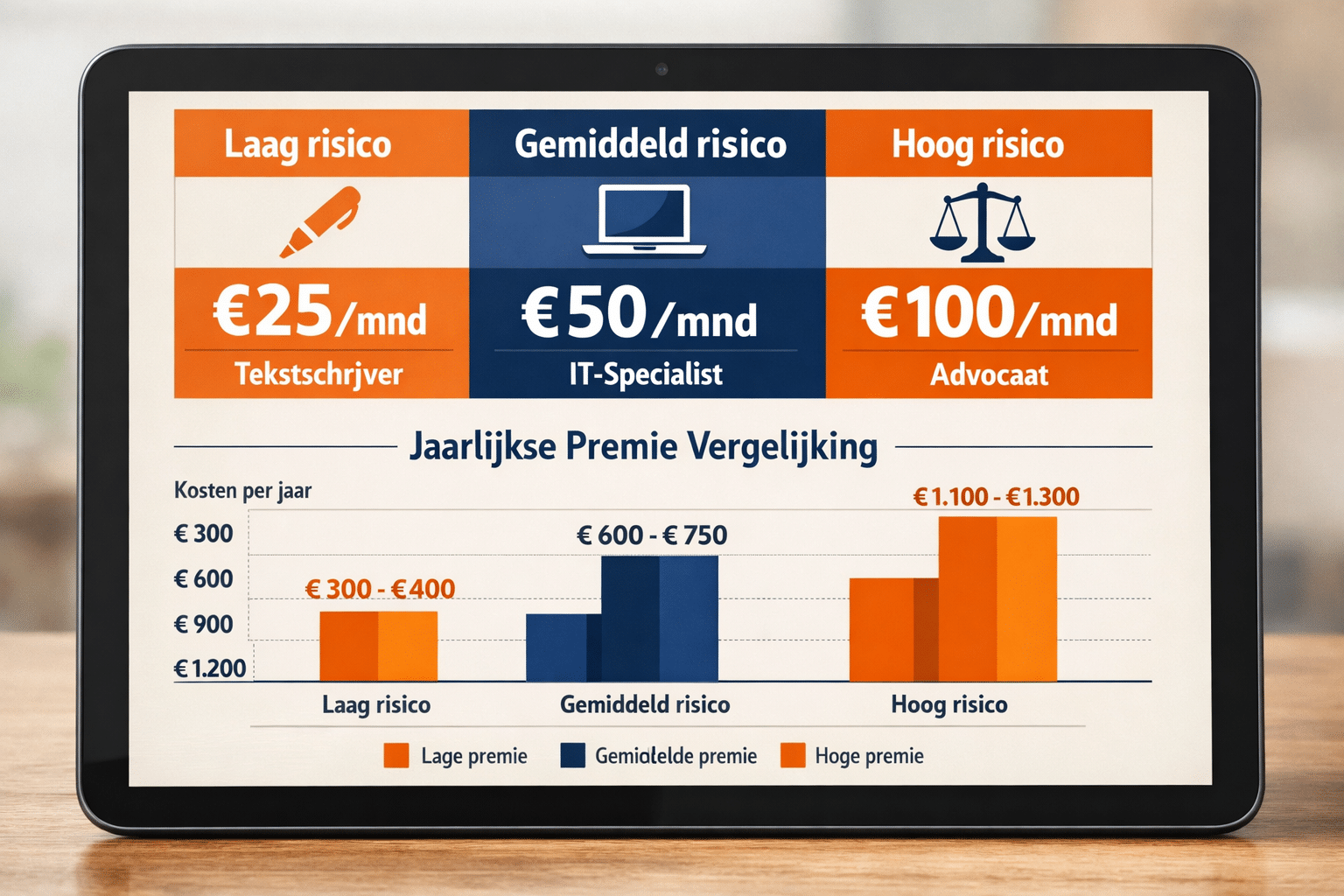 () detailed cost breakdown visual: a clean Dutch pricing table displayed on a modern tablet screen showing three tiers —