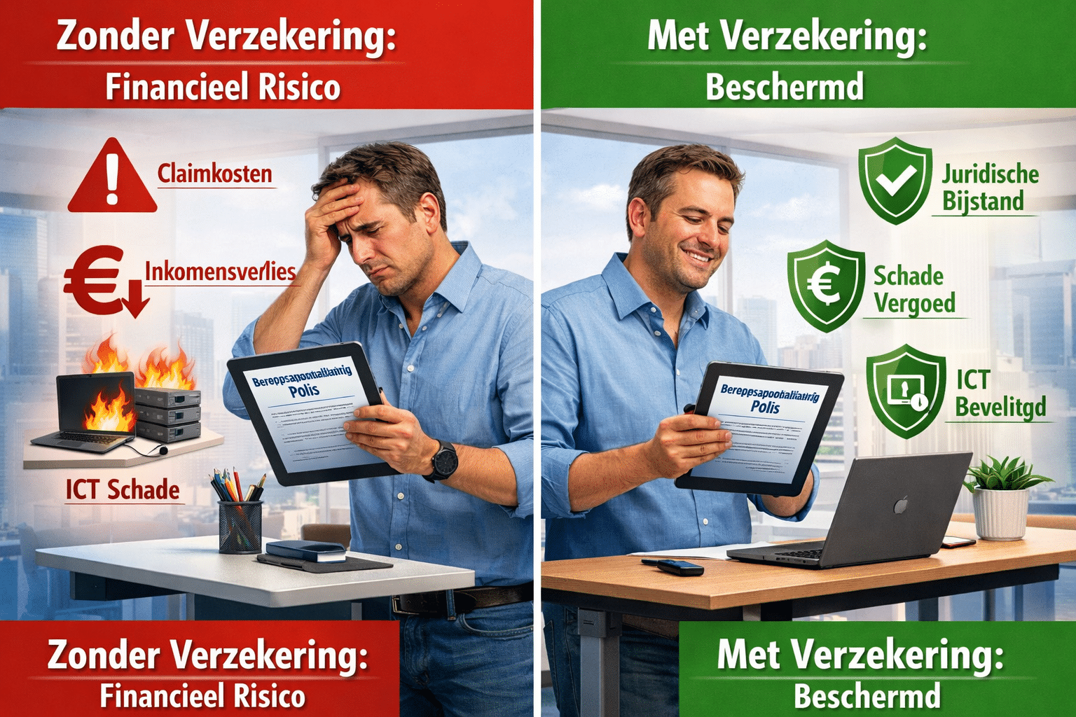 () editorial illustration showing a Dutch ZZP ICT freelancer at a standing desk reviewing a contract document labeled