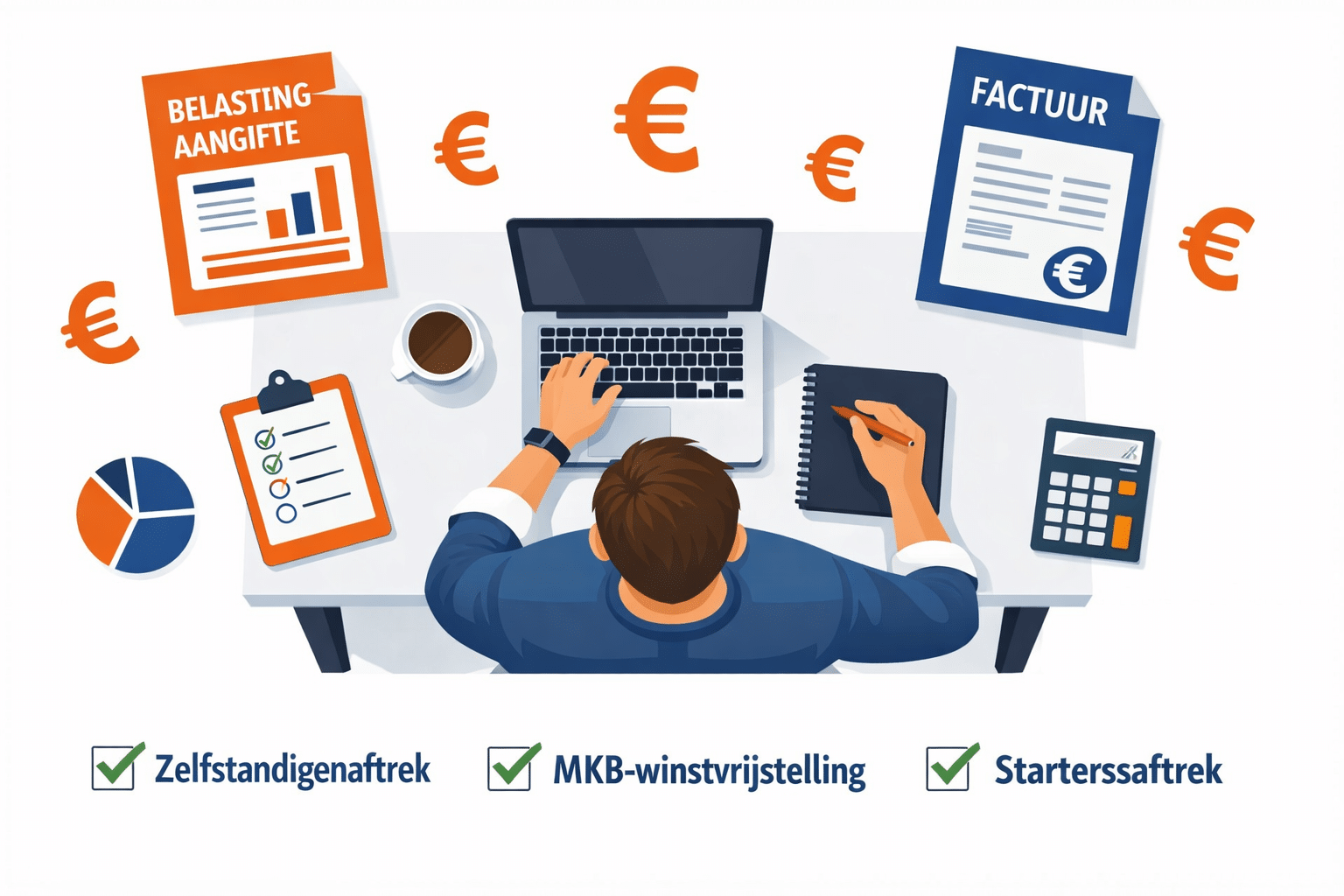 () editorial illustration showing a Dutch freelancer at a minimalist desk surrounded by floating tax document icons, euro