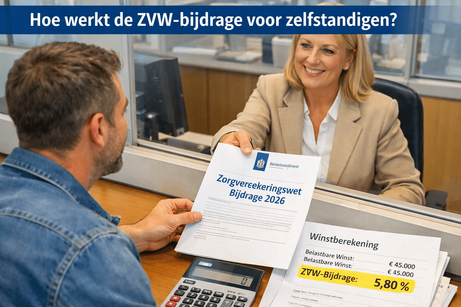 () editorial illustration showing a Dutch zzp'er at a government tax office counter, receiving a document labeled