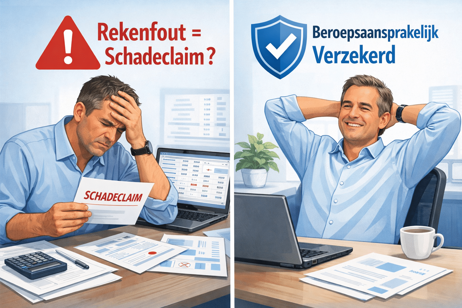 () editorial illustration showing a ZZP accountant reviewing financial spreadsheets on a laptop, with a large red warning