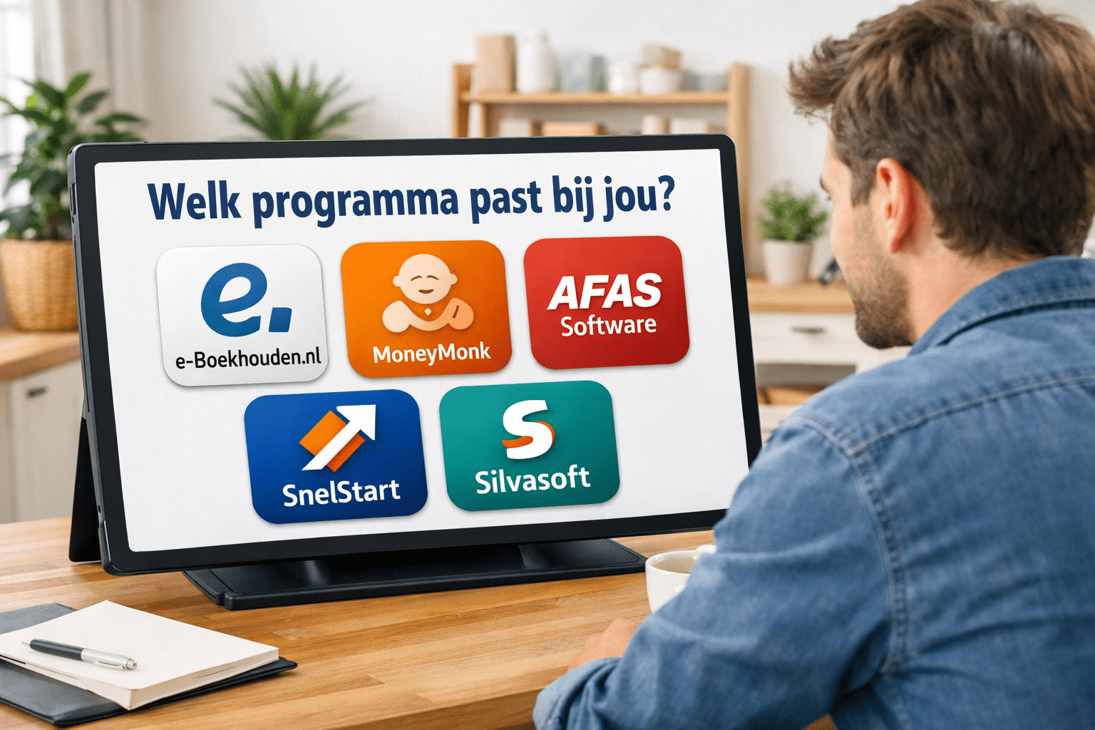 () editorial illustration showing a comparison overview of five Dutch ZZP boekhoudprogramma logos represented as colorful