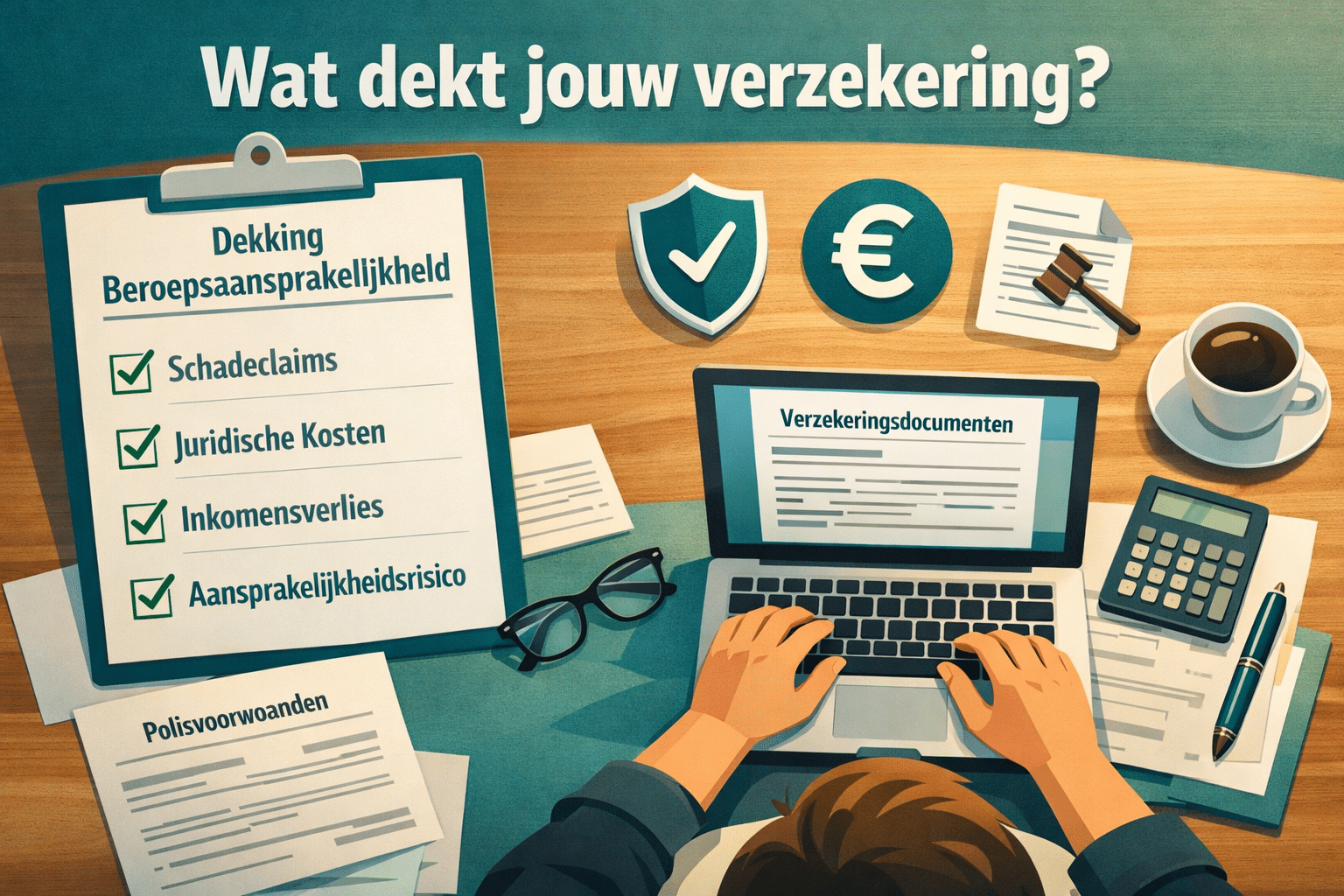 () editorial illustration showing a self-employed Dutch psychologist at a modern desk reviewing insurance documents on a