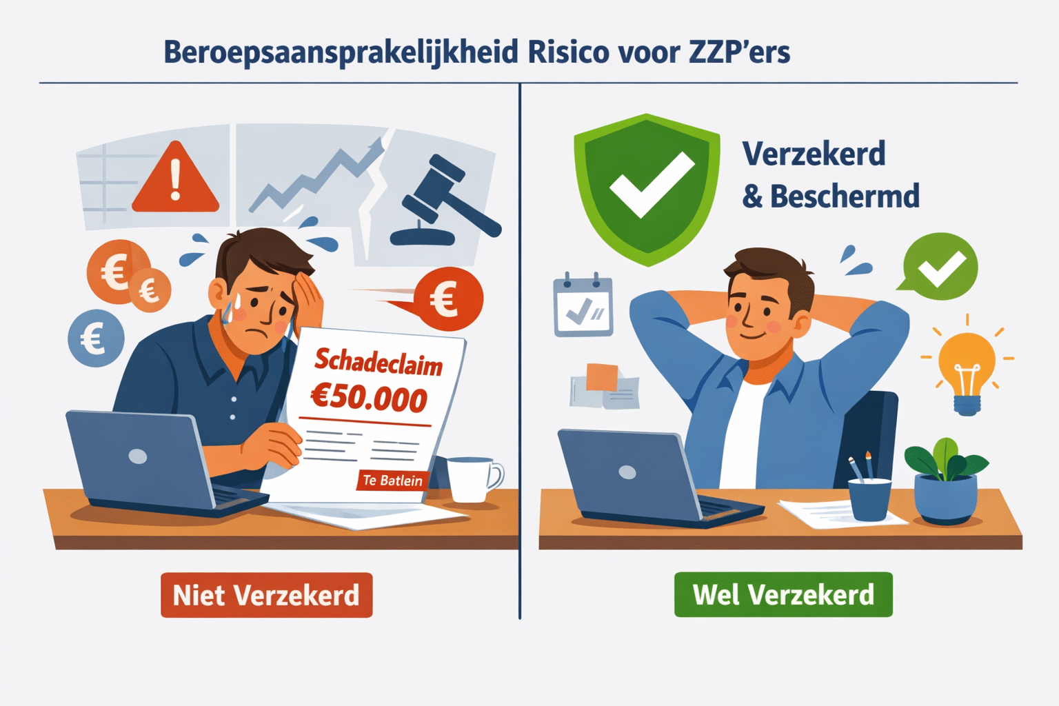 () editorial illustration showing a split-scene comparison: left side depicts a stressed zzp'er receiving a large claim