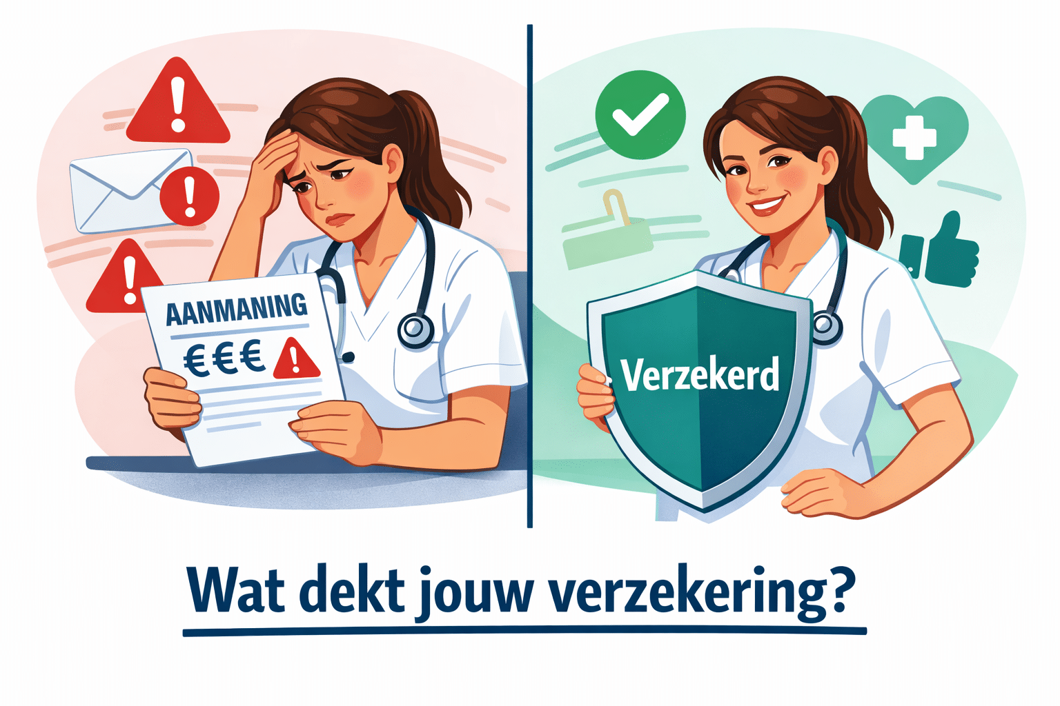 () editorial illustration showing a split-scene comparison: left side shows a stressed ZZP zorgprofessional receiving a