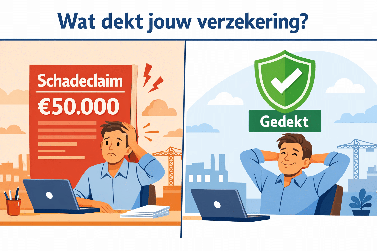 () editorial illustration showing a split scene: left side depicts a worried ZZP'er facing a large red invoice labeled