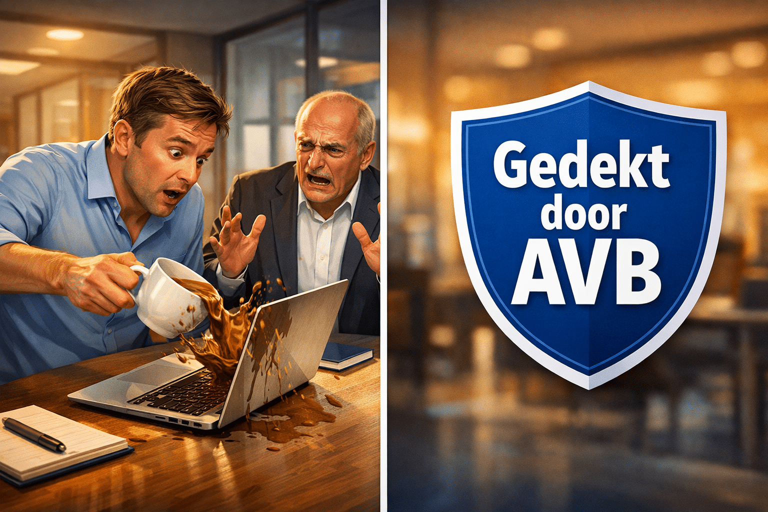 () editorial illustration showing split-scene: left side depicts a ZZP'er accidentally spilling coffee on a client's