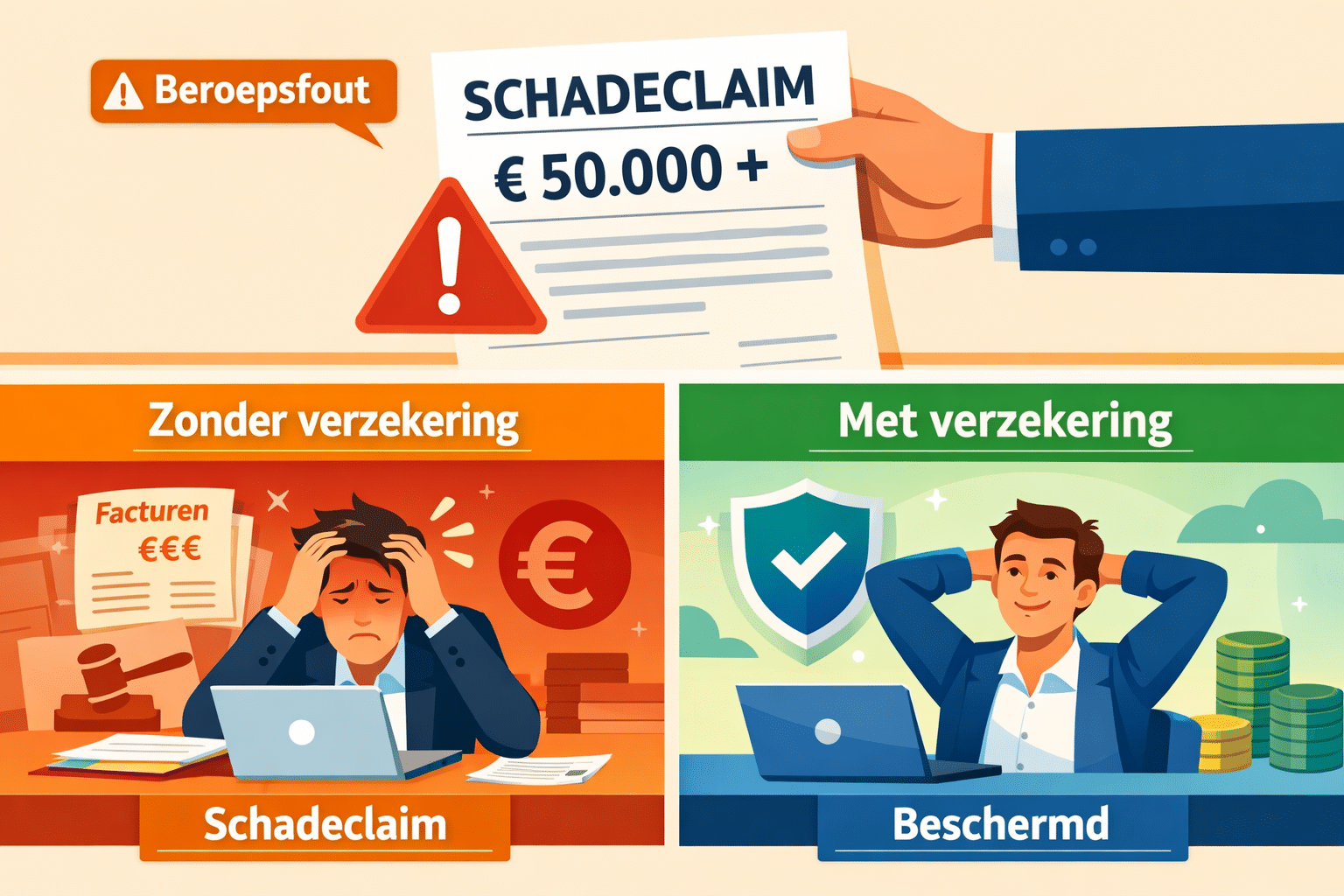 () infographic-style illustration showing a ZZP jurist receiving a large claim document with euro symbols (€50.000+), red