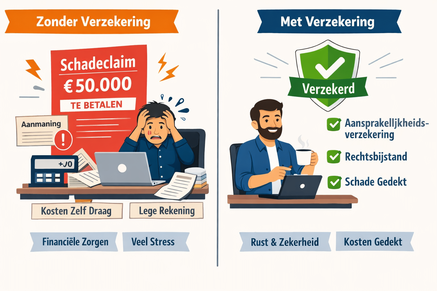 () infographic-style illustration showing a split comparison: left side depicts a stressed ZZP'er receiving a large red