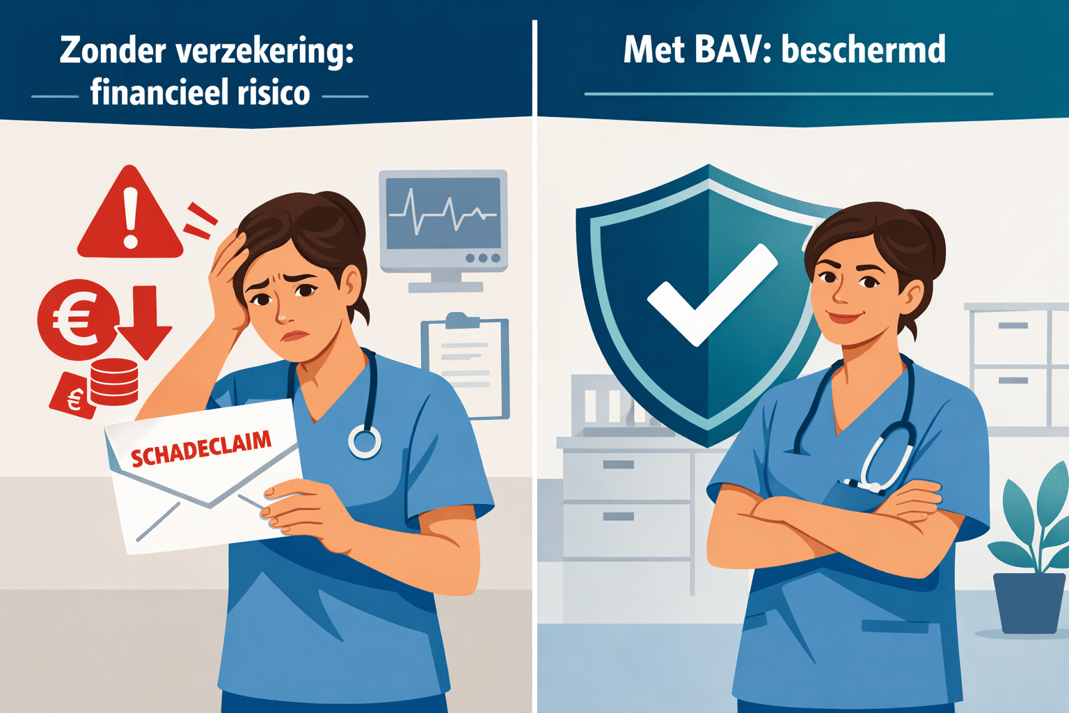 () infographic-style illustration showing two contrasting scenarios side by side: left panel shows a stressed ZZP