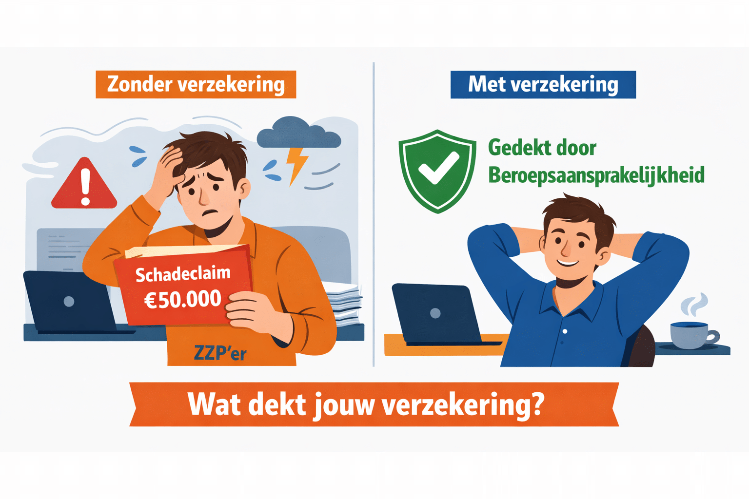 () infographic-style illustration showing two contrasting scenarios side by side: left panel shows a worried ZZP freelancer