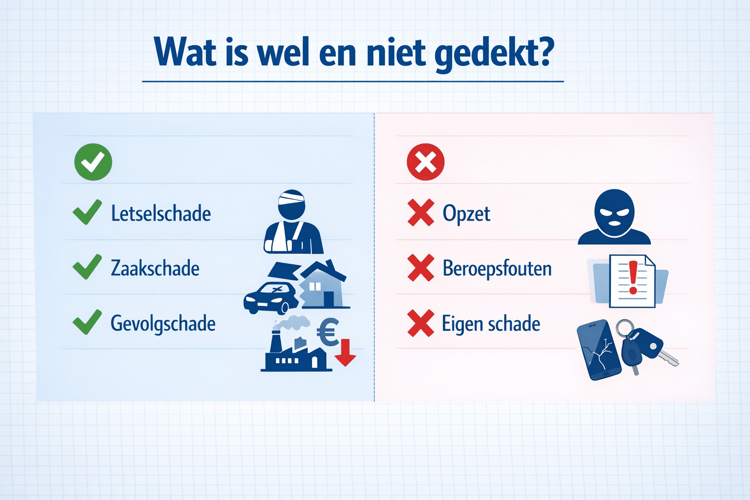 () infographic-style image showing a clean checklist layout titled 'Wat is wel en niet gedekt?' in Dutch , with green