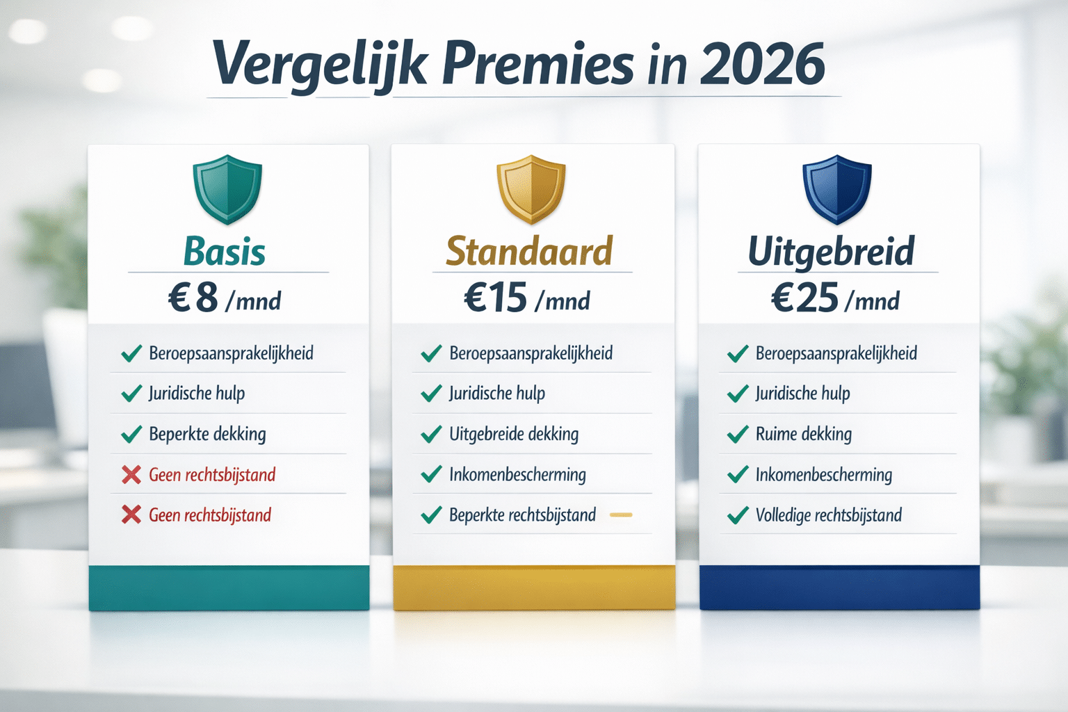 () premium comparison table visual showing three insurance tiers for ZZP psychologen: 'Basis €8/mnd', 'Standaard €15/mnd',