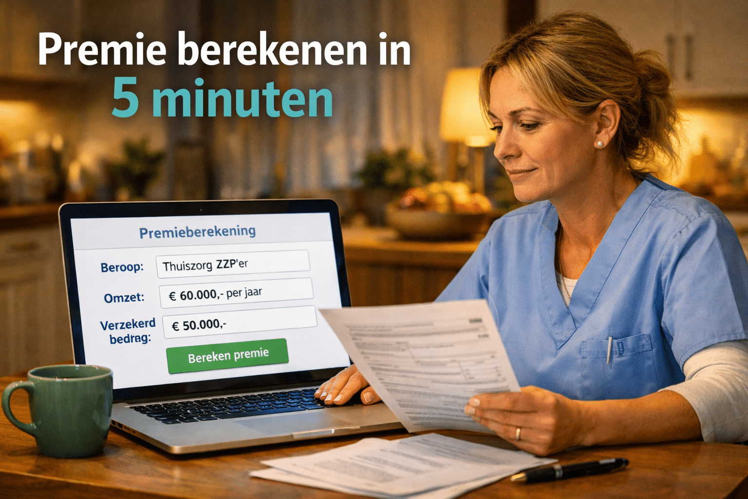 () scene showing a Dutch ZZP thuiszorg professional sitting at a kitchen table with a laptop open, reviewing insurance