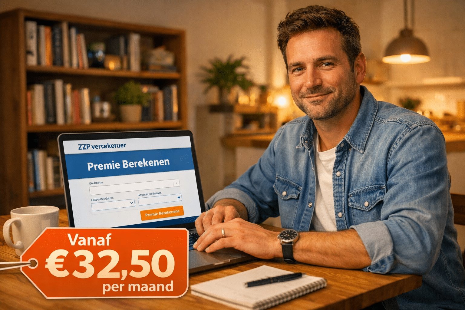 () showing a Dutch ICT freelancer on a laptop at a kitchen table, screen displaying 'Premie Berekenen' on ZZPverzekeraar
