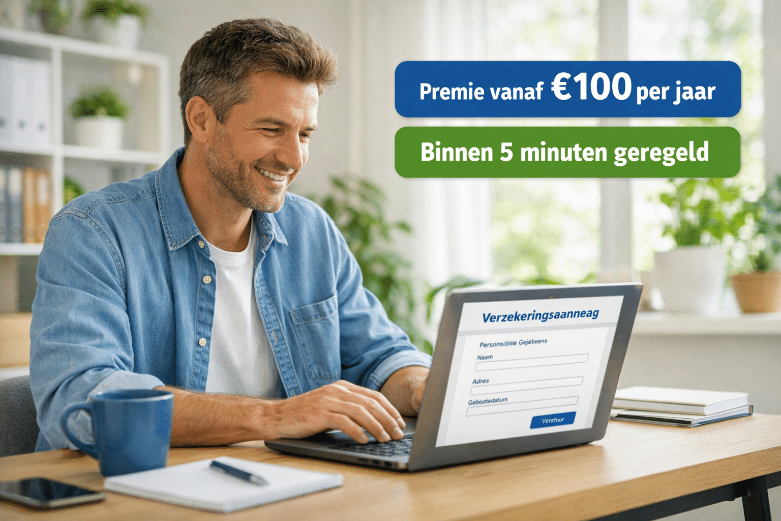 () showing a Dutch ZZP'er at a desk confidently using a laptop to complete an online insurance form, with a floating UI
