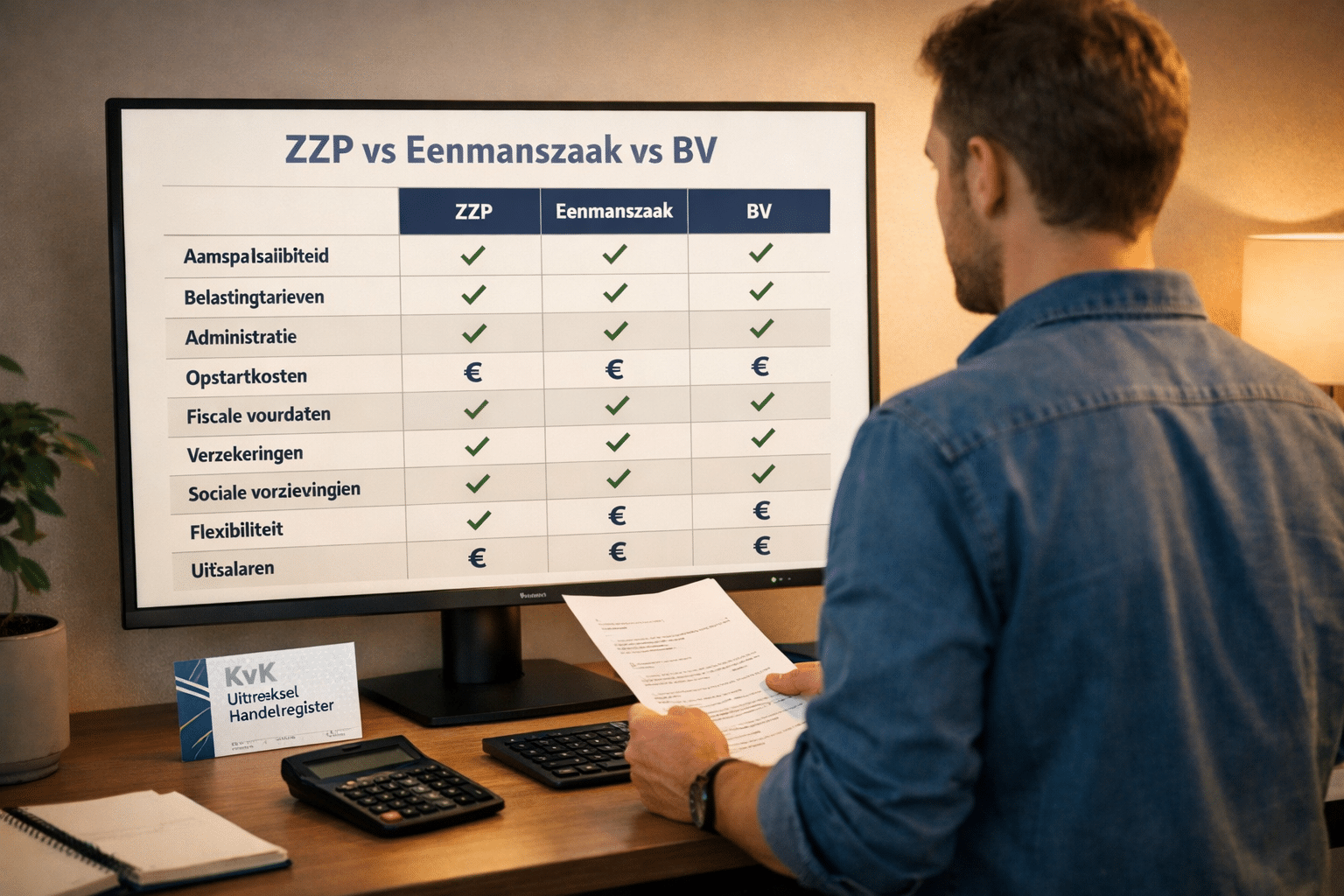 () showing a Dutch freelancer at a modern standing desk reviewing a comparison table on a large monitor screen, the screen