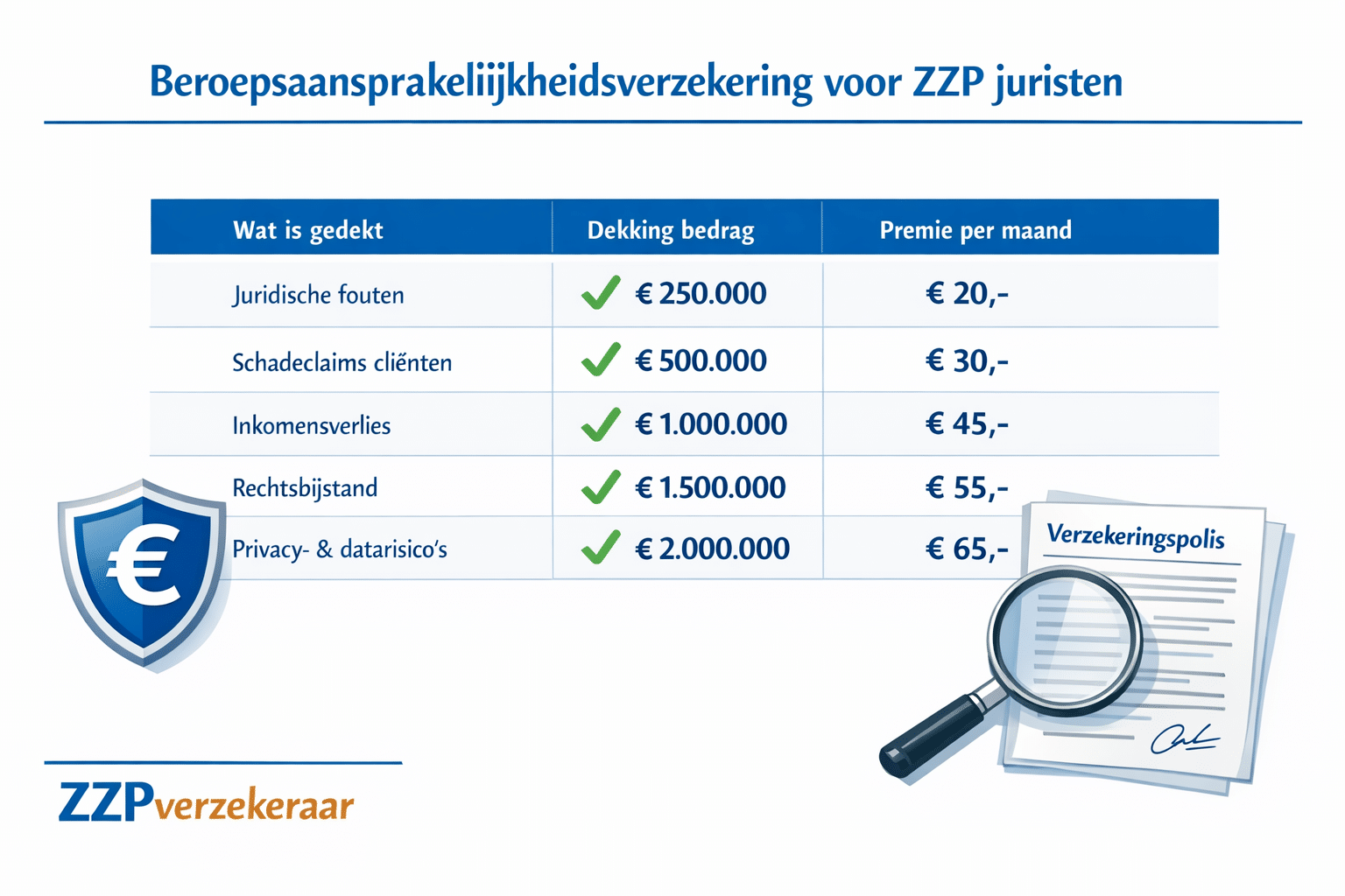 () showing a detailed comparison table graphic for beroepsaansprakelijkheidsverzekering coverage options for ZZP juristen,