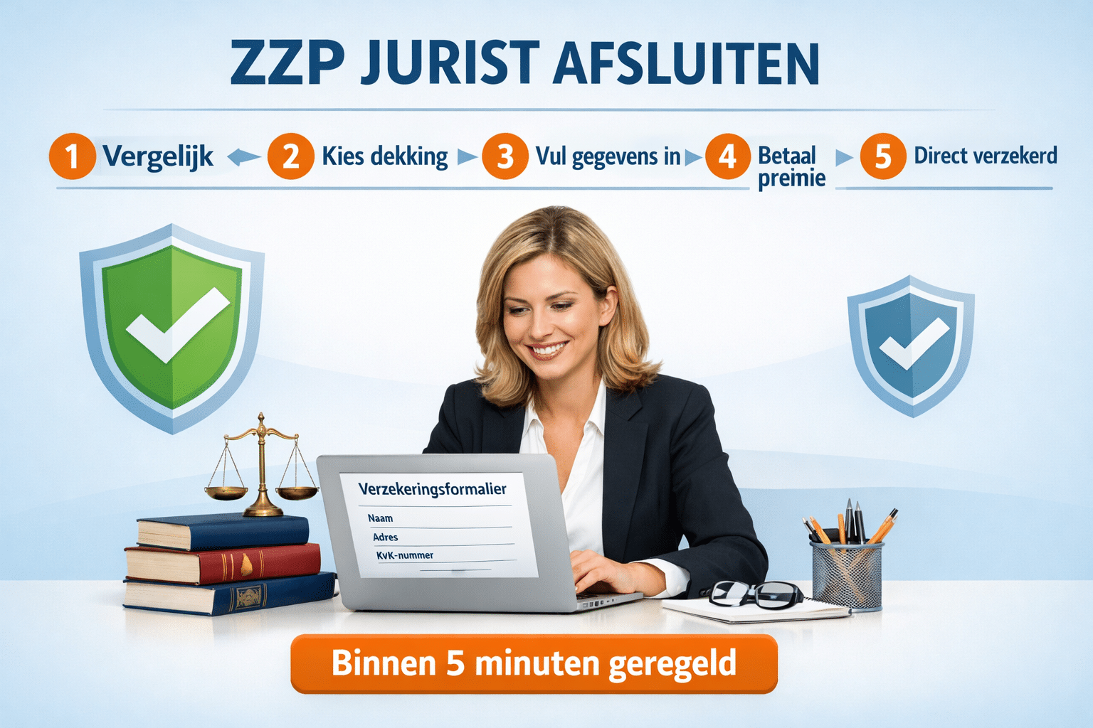 () showing a step-by-step visual checklist for a ZZP jurist afsluiting process: numbered steps 1 through 5 with Dutch labels