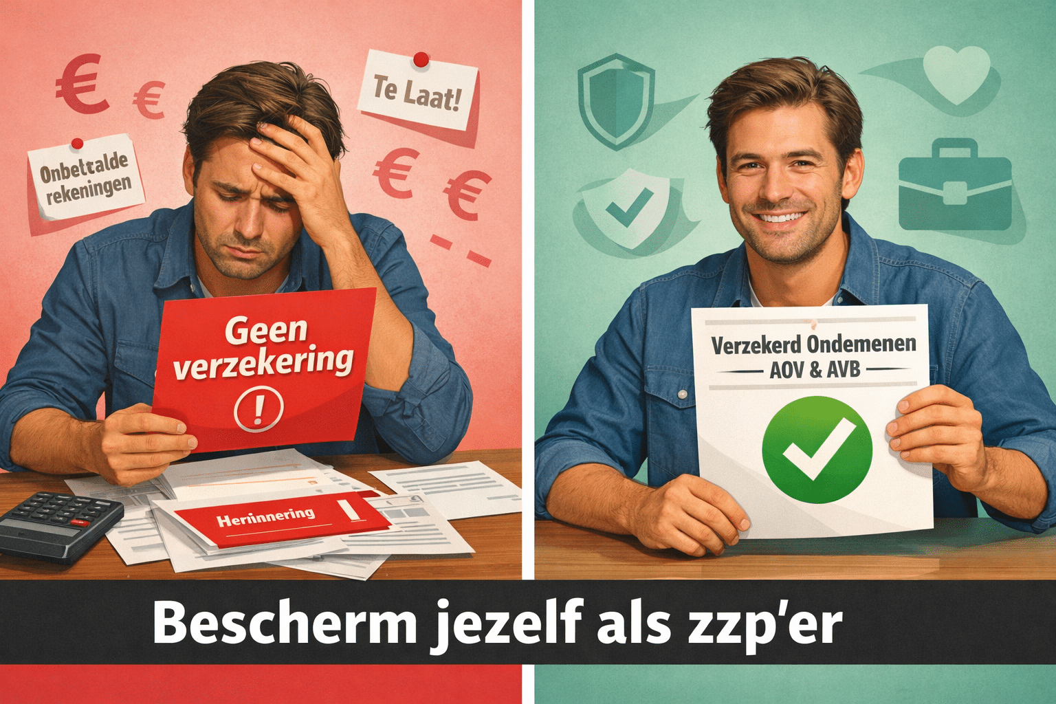 () split-panel infographic-style editorial image. Left panel: a stressed freelancer looking at unpaid bills and a red