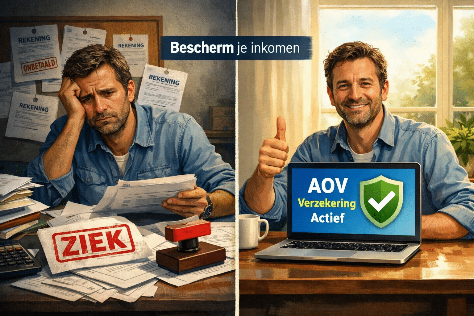 () split-scene composition: left side shows a worried ZZP'er at a desk surrounded by unpaid invoices and a 'Ziek' stamp —