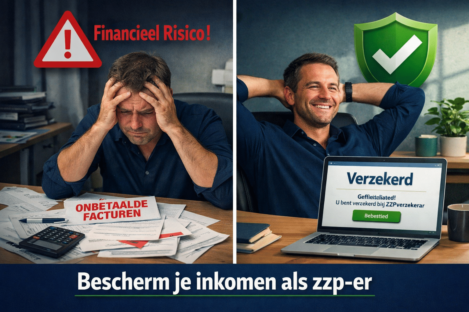 () split-scene image: left side shows a stressed ZZP-er at a desk with unpaid invoices and a red warning icon representing